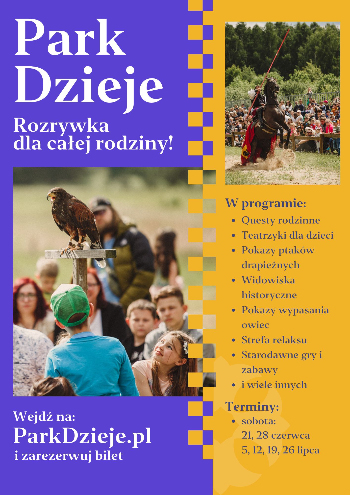 dwa zdjęcia: na pierwszym akrobacje konne przed publicznością; na drugim sokół siedzący na żerdzi przed publicznością