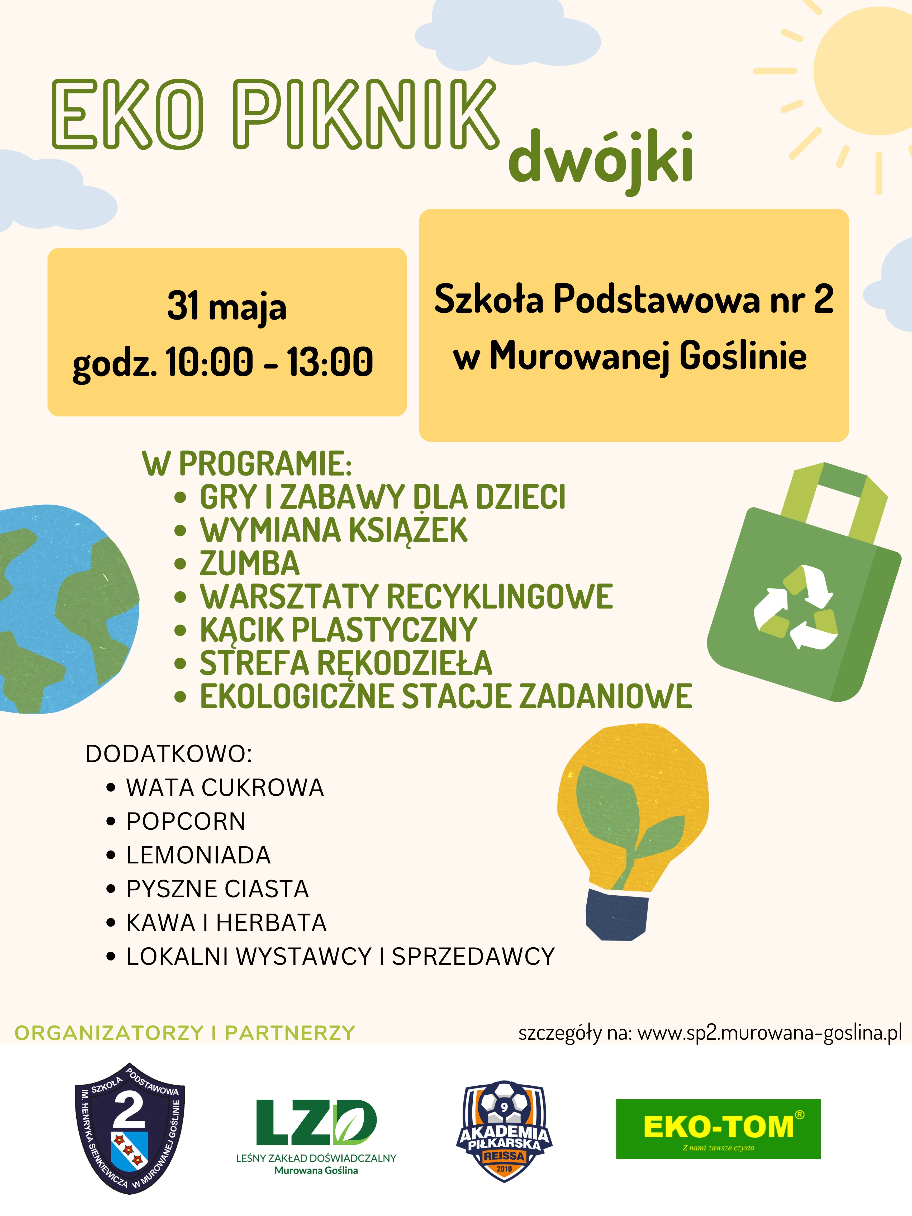 na plakacie grafiki żarówki z rośliną w środku, kuli ziemskiej, ekologicznej torby oraz słońca i chmur