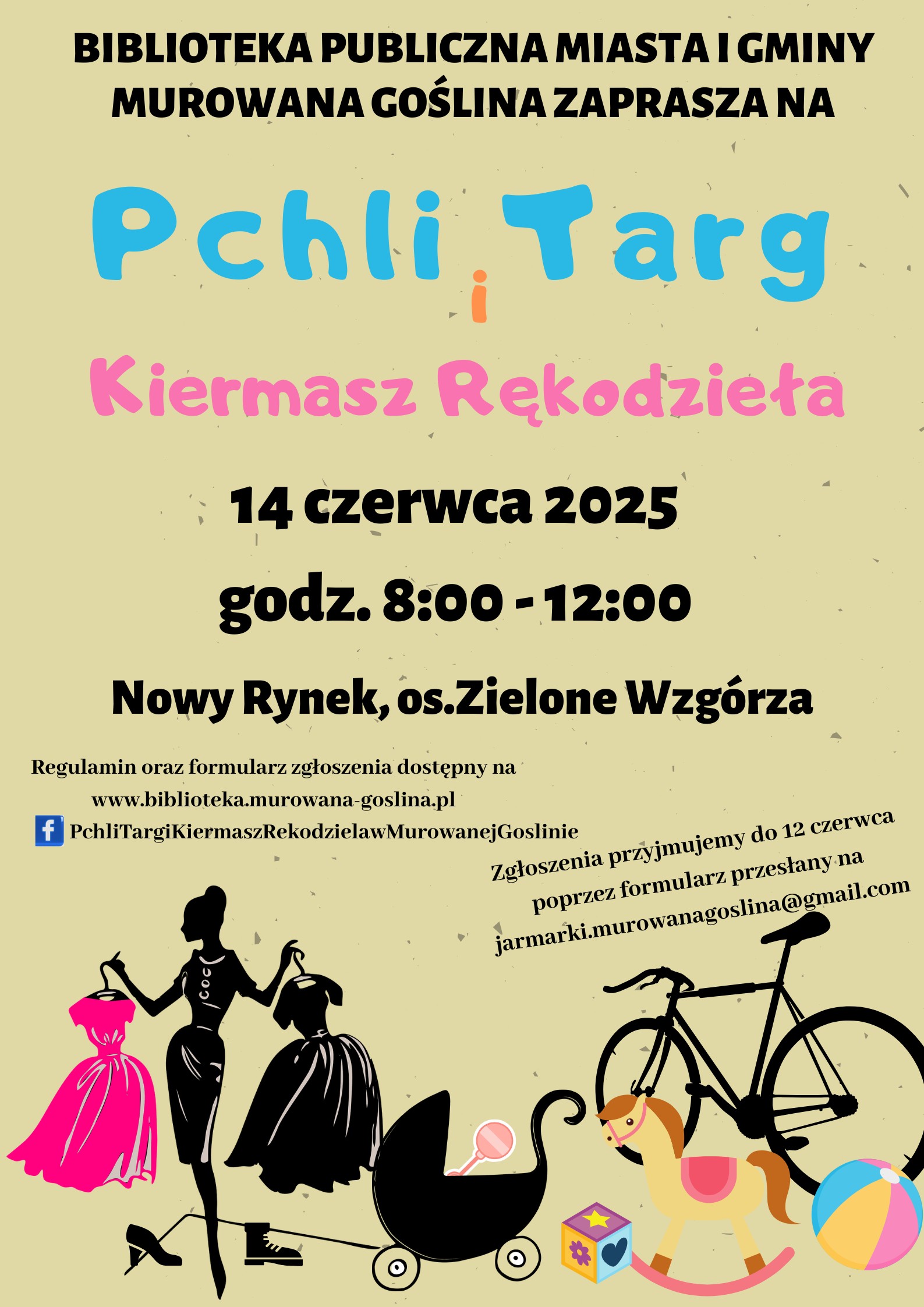 na plakacie grafika kobiety trzymającej w rękach dwie suknie na wieszakach, wózka dziecięcego, bujanego konika, piłki i roweru