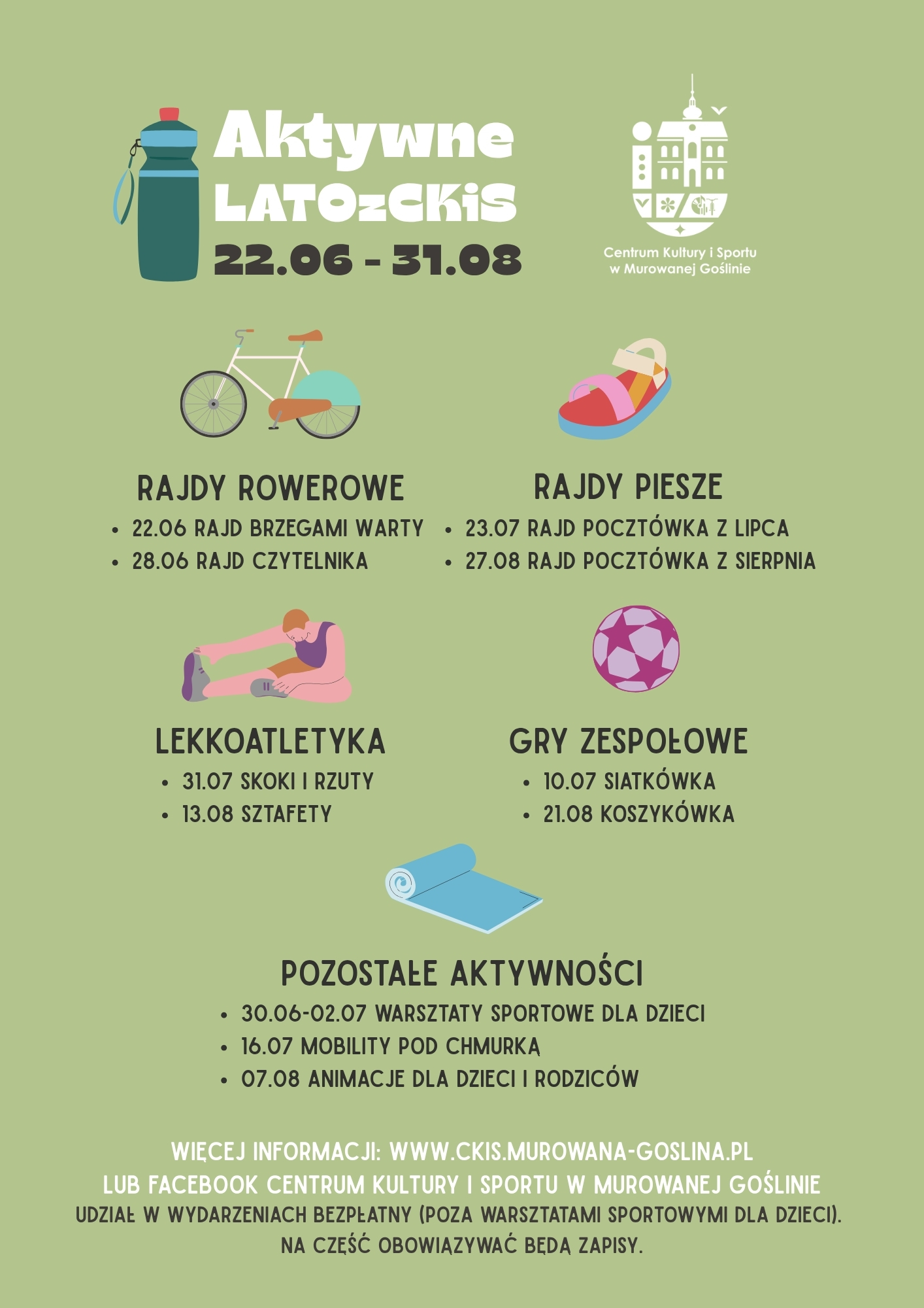 na plakacie kilka grafik: bidon, sandał, rower, postać, która się rozciąga, piłka, mata, logotyp CKiS