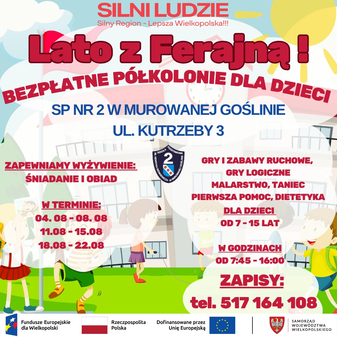 grafika dzieci bawiących się na trawie i skaczących przez skakankę oraz tarcza szkoły
