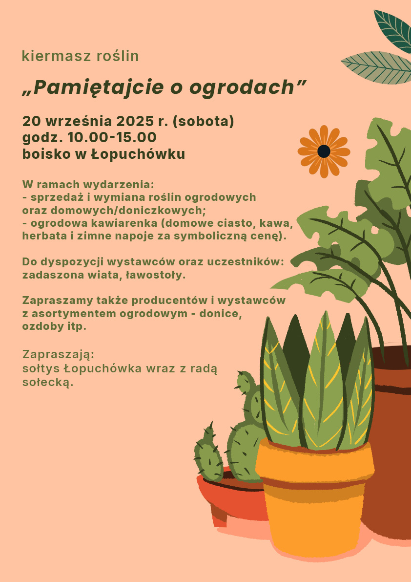 grafika przedstawia rośliny w doniczkach oraz tekst - opis wydarzenia
