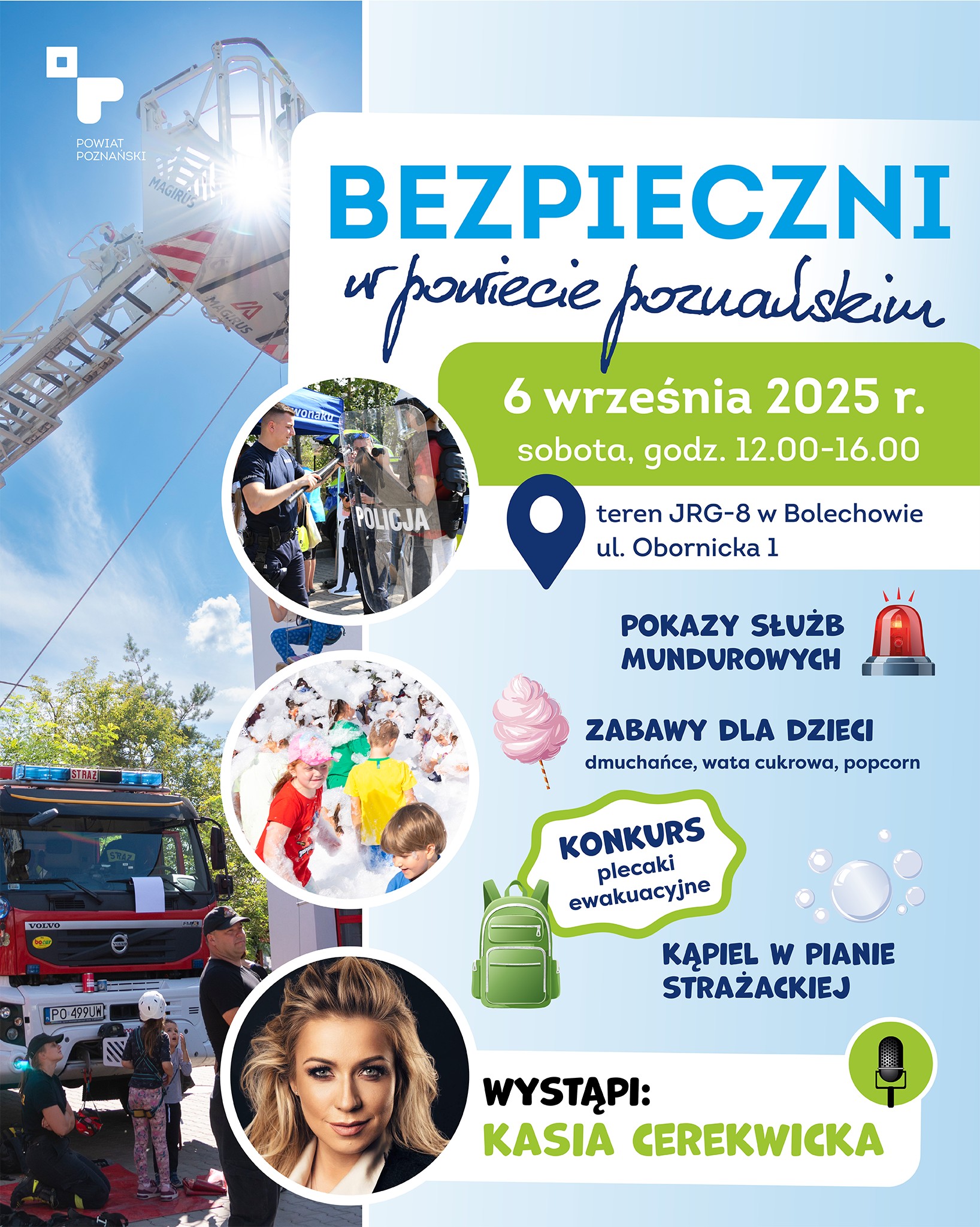 grafika przedstawia wóz strażacki z rozłożoną drabiną, policjanta z tarczą, dzieci w pianie i twarz kobiety