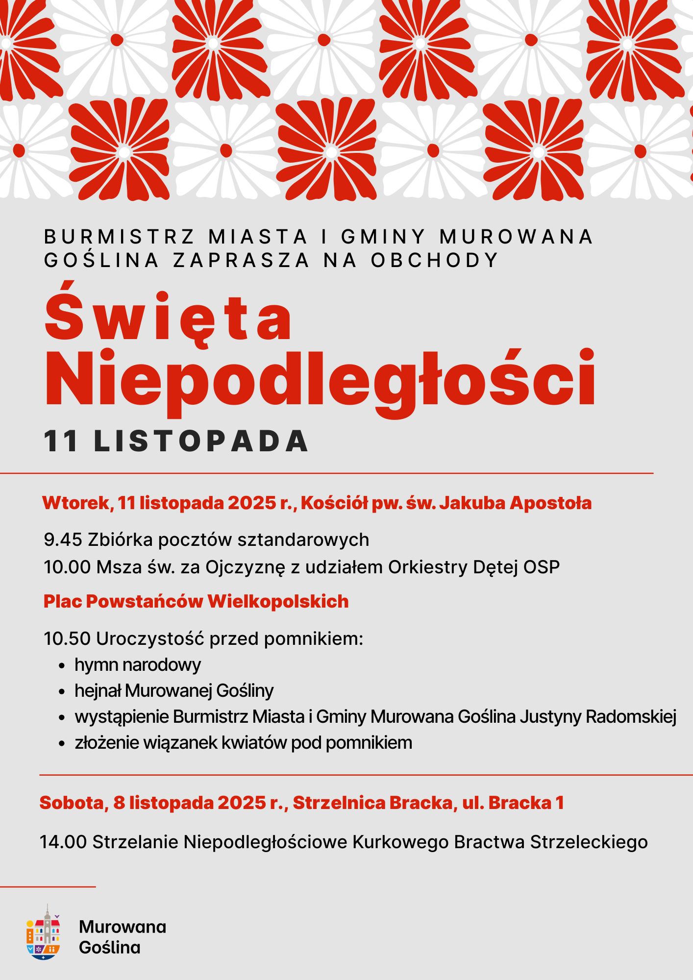 u góry plakatu mozaika z biało-czerwonych kwiatów oraz tekst