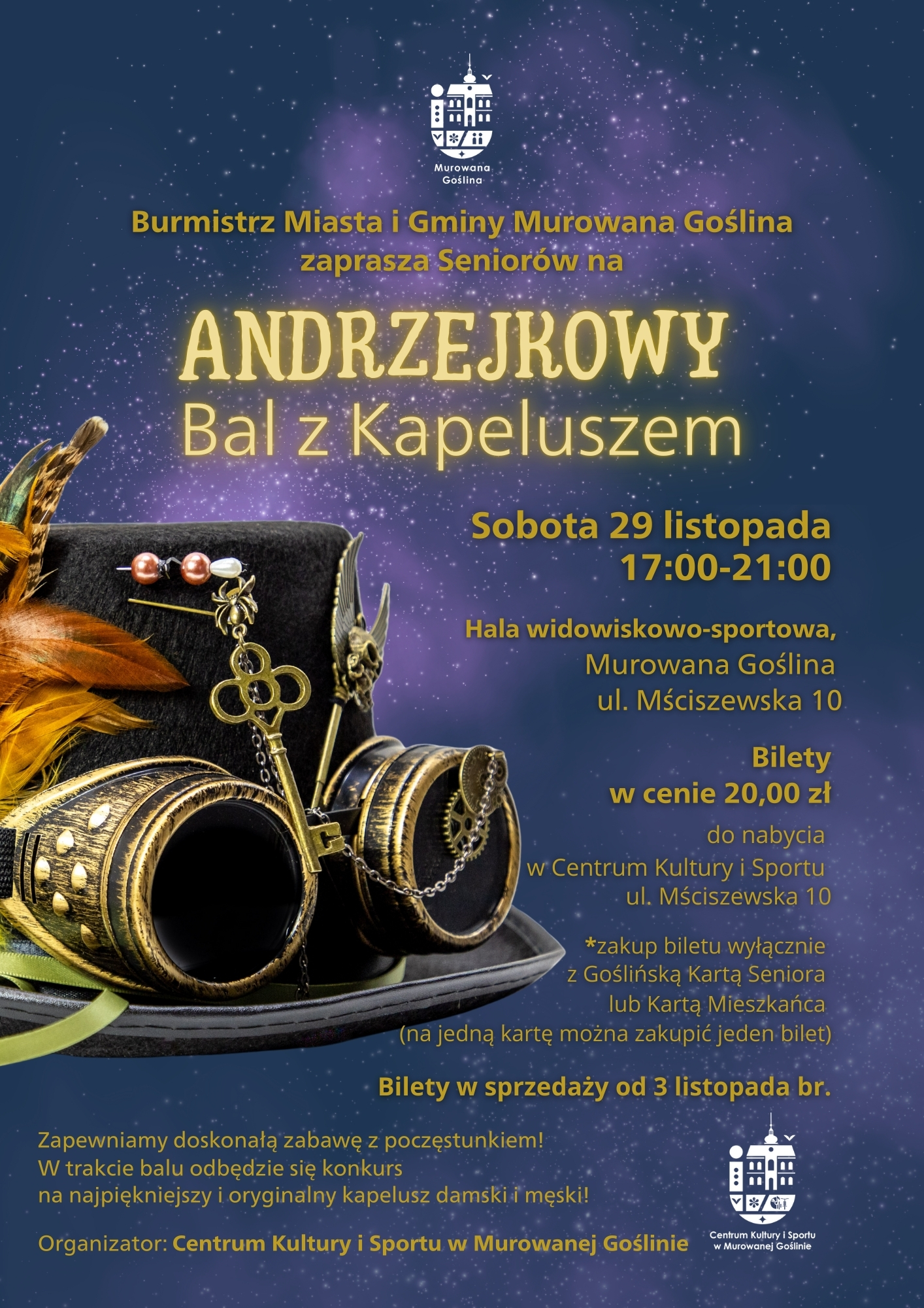 Na pierwszym planie znajduje się bogato zdobiony kapelusz. Ciemno granatowe tło wzbogacone jest o srebrzysto-fioletowy motyw gwiezdny. 