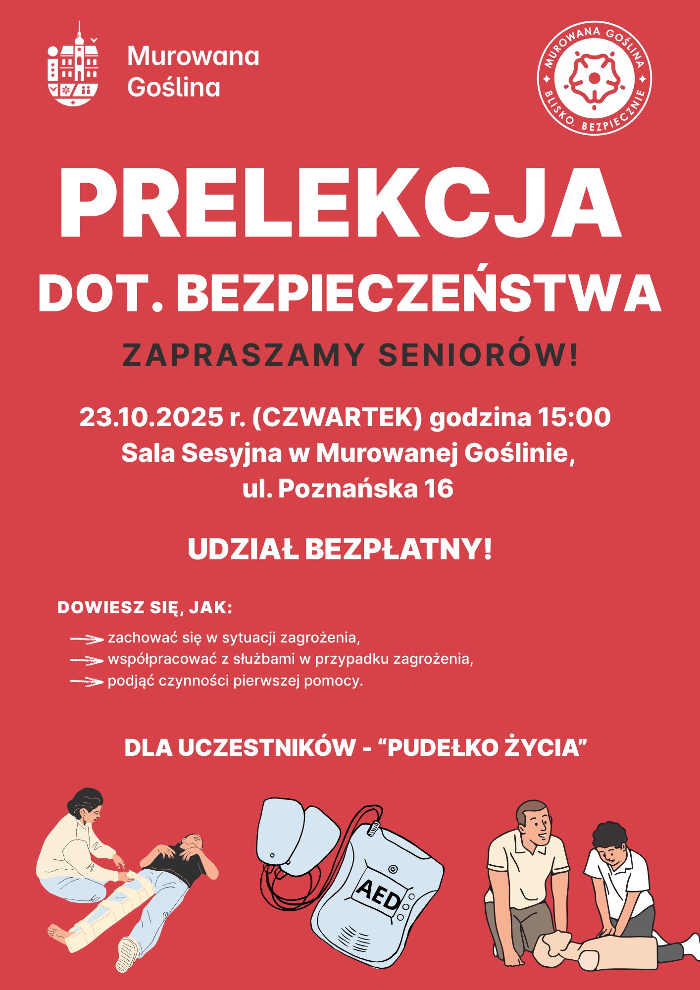 na plakacie grafiki udzielania pierwszej pomocy oraz defibrylator AED