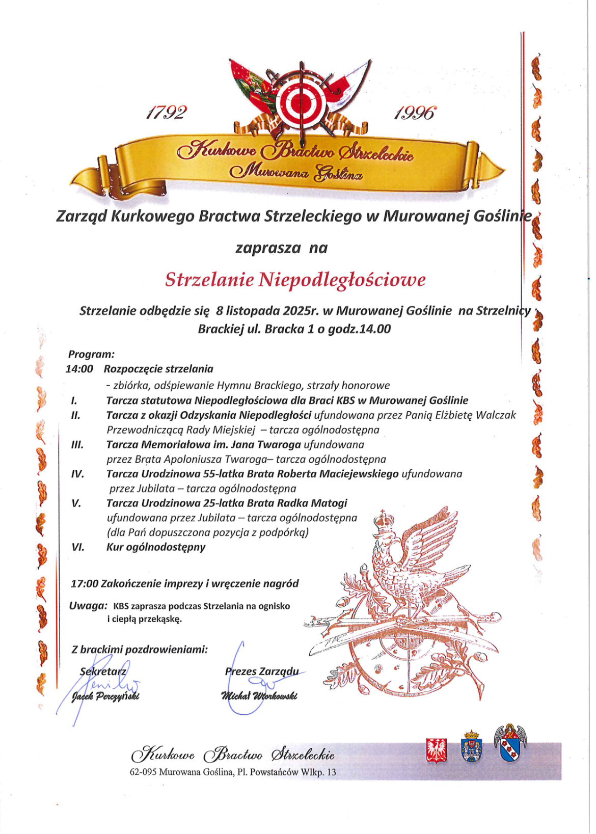 plakat informacyjny z tekstem, u góry tarcza strzelnicza