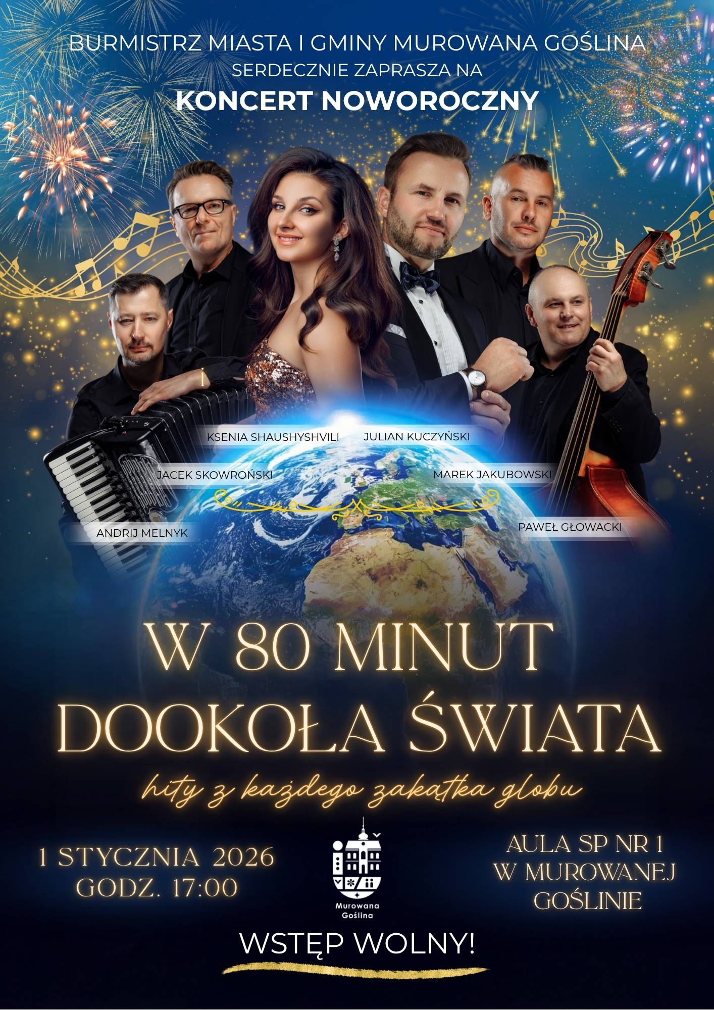 Zdjęcie 5 mężczyzn i jednej kobiety, w tle fajerwerki oraz grafika kuli ziemskiej