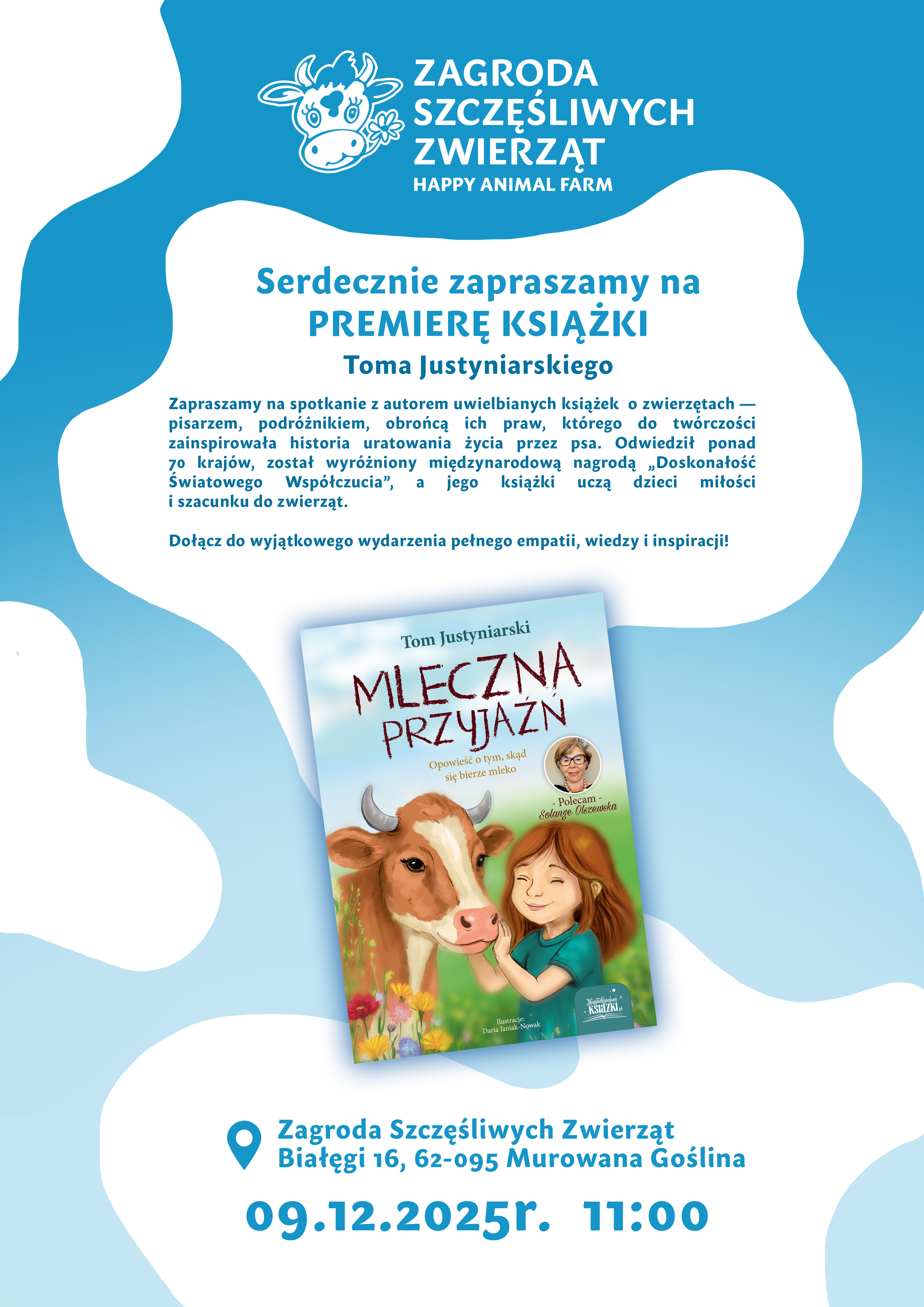 plakat z grafiką pierwszej strony książki, a na niej animowana dziewczynka i krowa