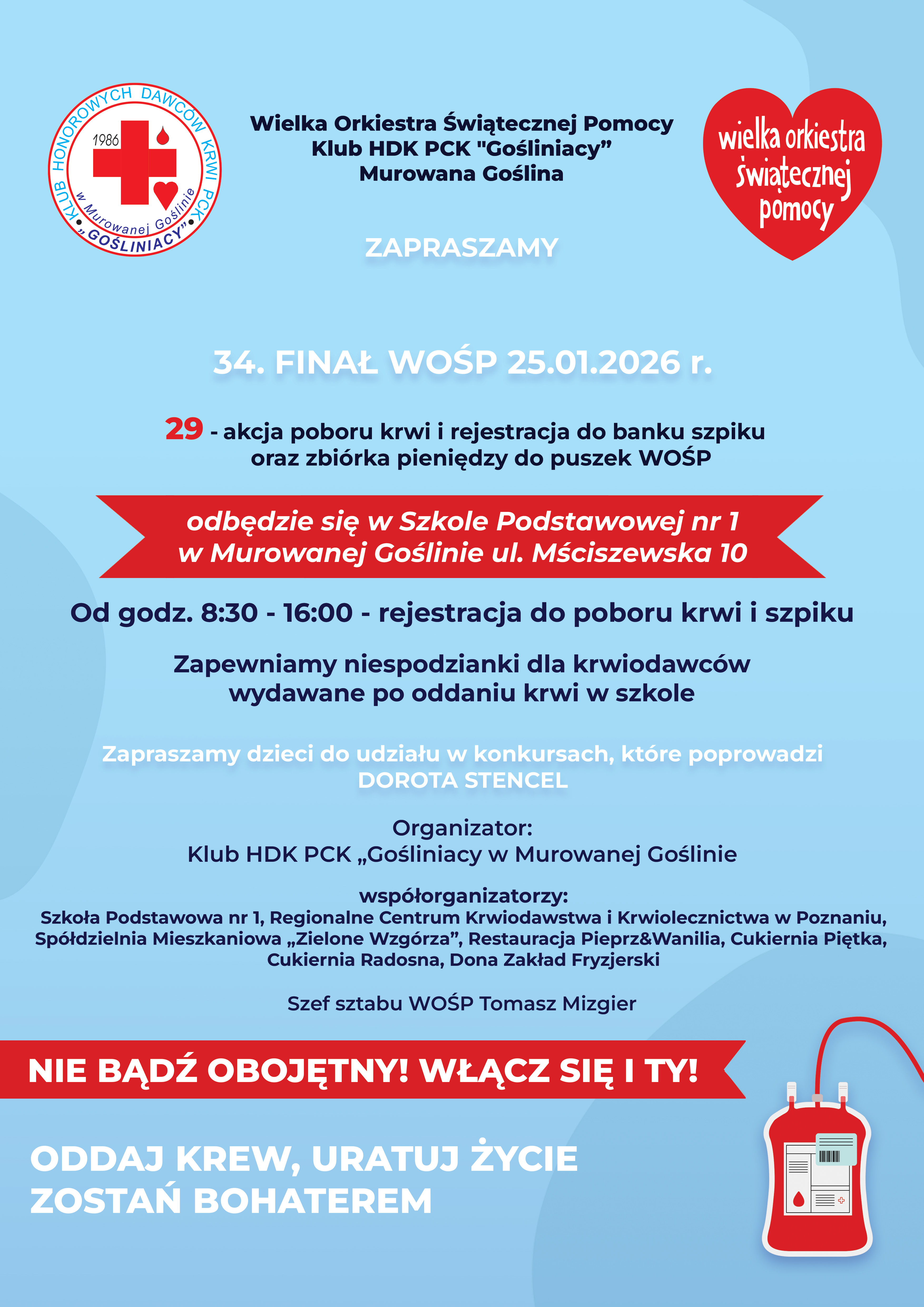 grafika serduszka WOŚP, logo HDK PCK Gośliniacy oraz grafika animowanego pojemnika z krwią