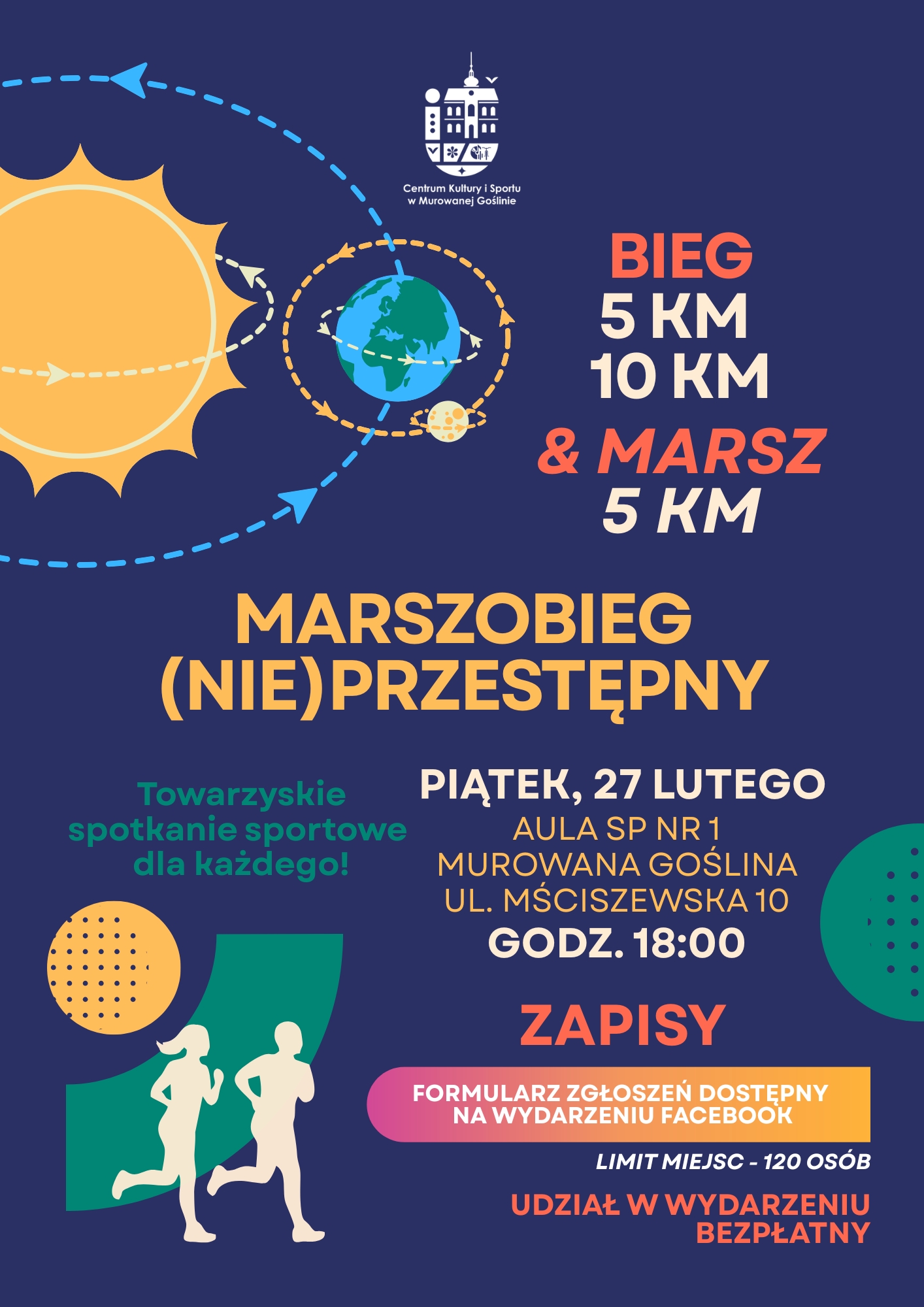 na plakacie grafika biegających postaci, kula ziemska i orbita Słońca