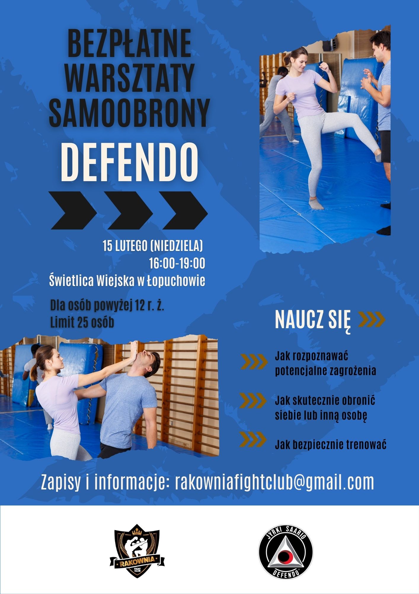 na plakacie zdjęcia z zajęć: kobieta uderza mężczyznę oraz kobieta wykonuje wykop w kierunku mężczyzny