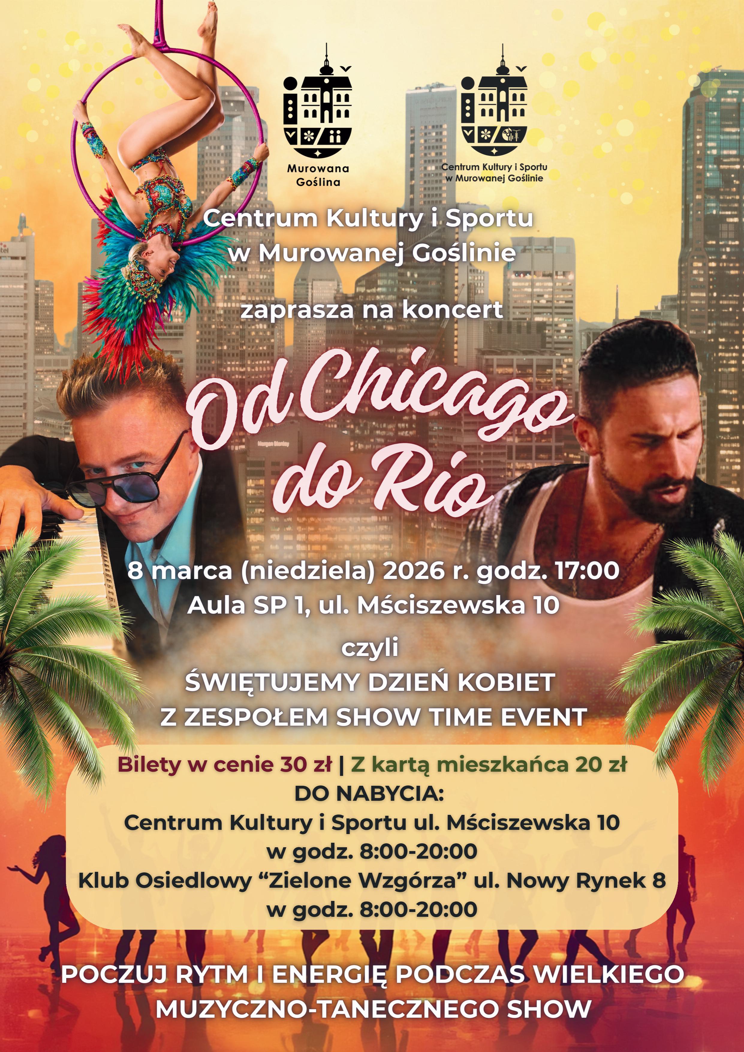 na plakacie zdjęcia dwóch mężczyzn w otoczeniu palm. egzotyczna tancerka i wysokie budynki - drapacze chmur