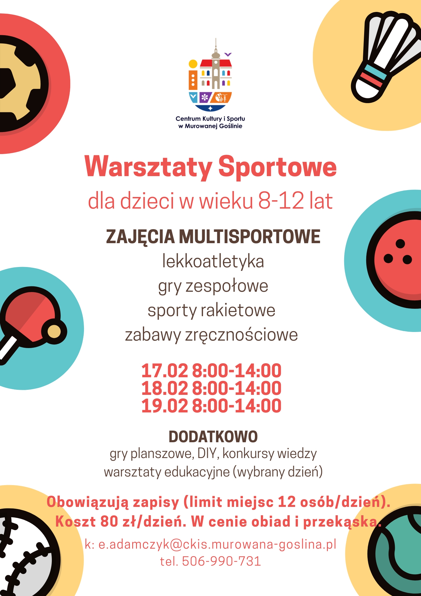 plakat przedstawia grafiki różnych elementów: piłki nożnej, lotki do badmintona, rakietki do tenisa stołowego, kuli do bowlingu, piłki tenisowej i piłki do baseballa