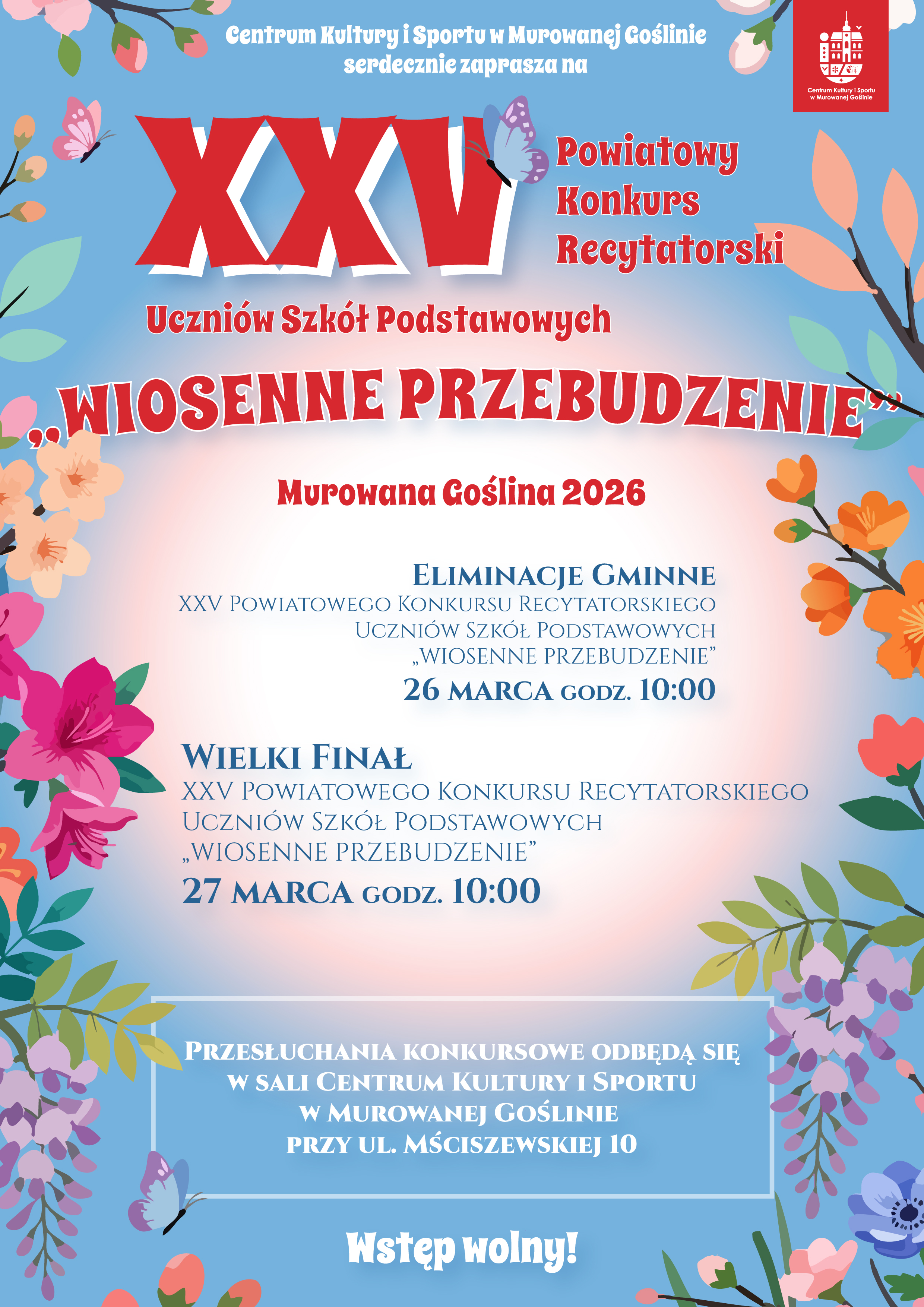 plakat z kolorowymi grafikami kwiatów po lewej i prawej stronie