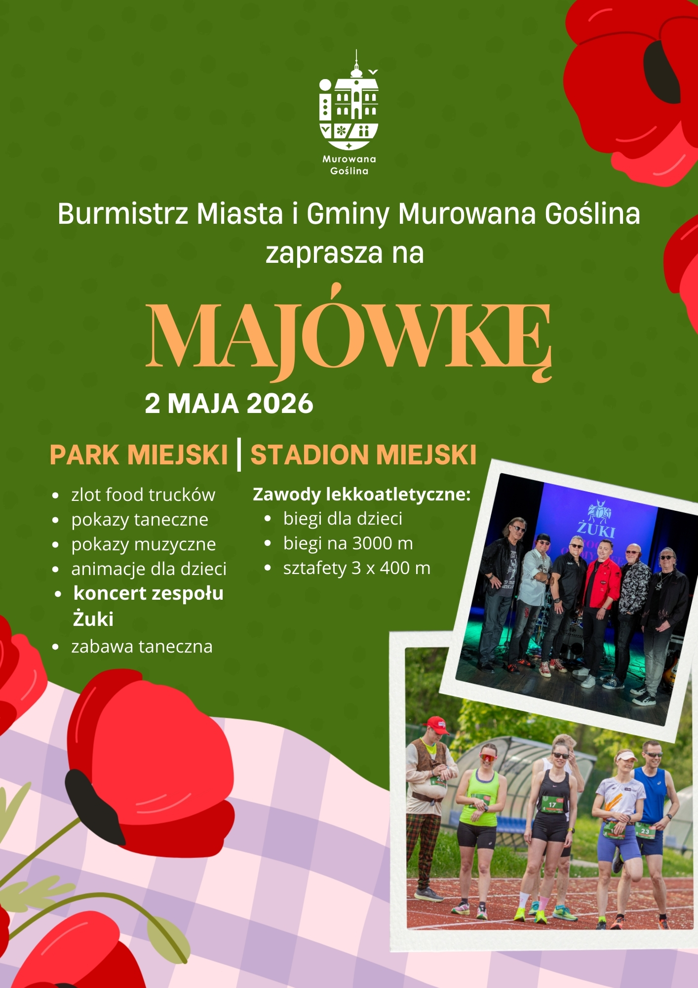 plakat z grafiką koca piknikowego i maków oraz zdjęcie zawodników na bieżni i zespołu muzycznego Żuki