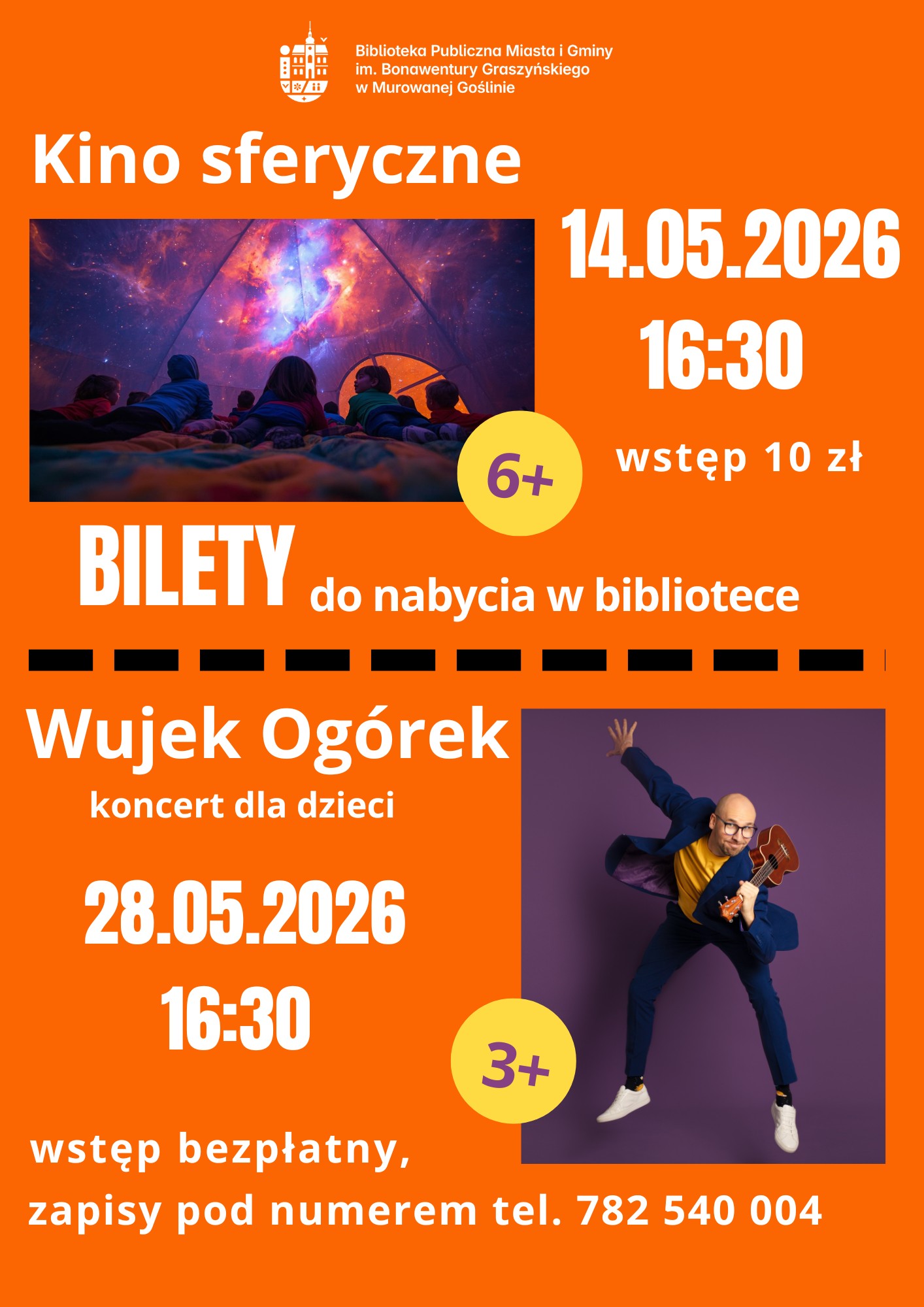 plakat podzielony na dwa wydarzenia: zdjęcie obrazów wyświetlanych przed oczywma dzieci i mężczyzna trzymający gitarę na ramieniuna 