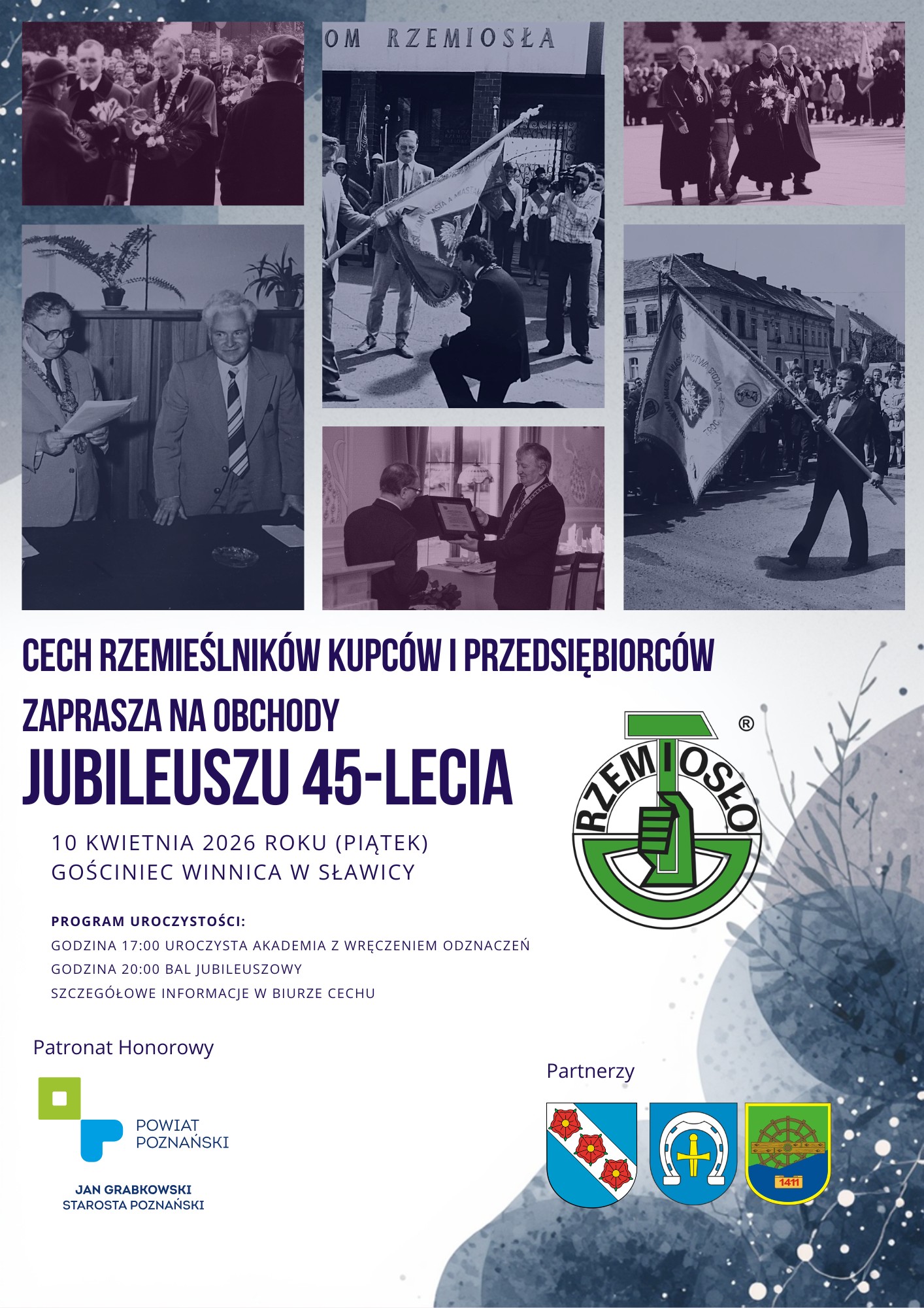 na plakacie kolaż historycznych czarno-białych zdjęć z ludźmi i sztandarami