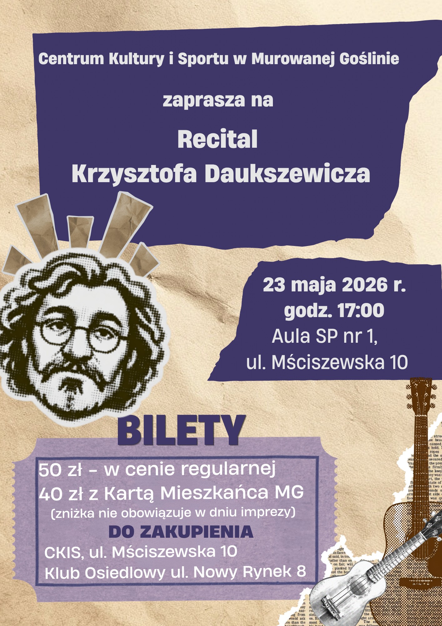 na plakacie animowana twarz artysty oraz animowane gitary w rogu plakatu