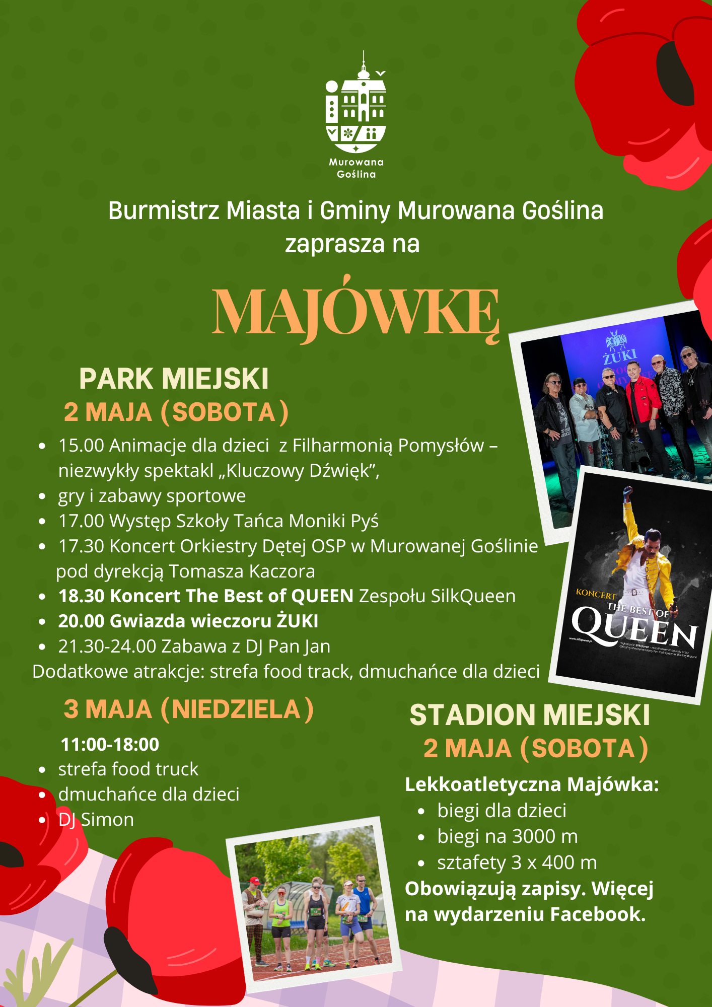 zdjęcia artystów oraz grafika kwiatów-maków i koca piknikowego