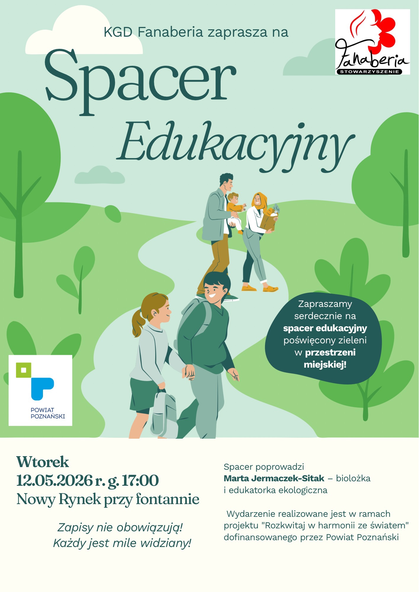 grafika kilku postaci podczas spaceru wśród drzew i zieleni