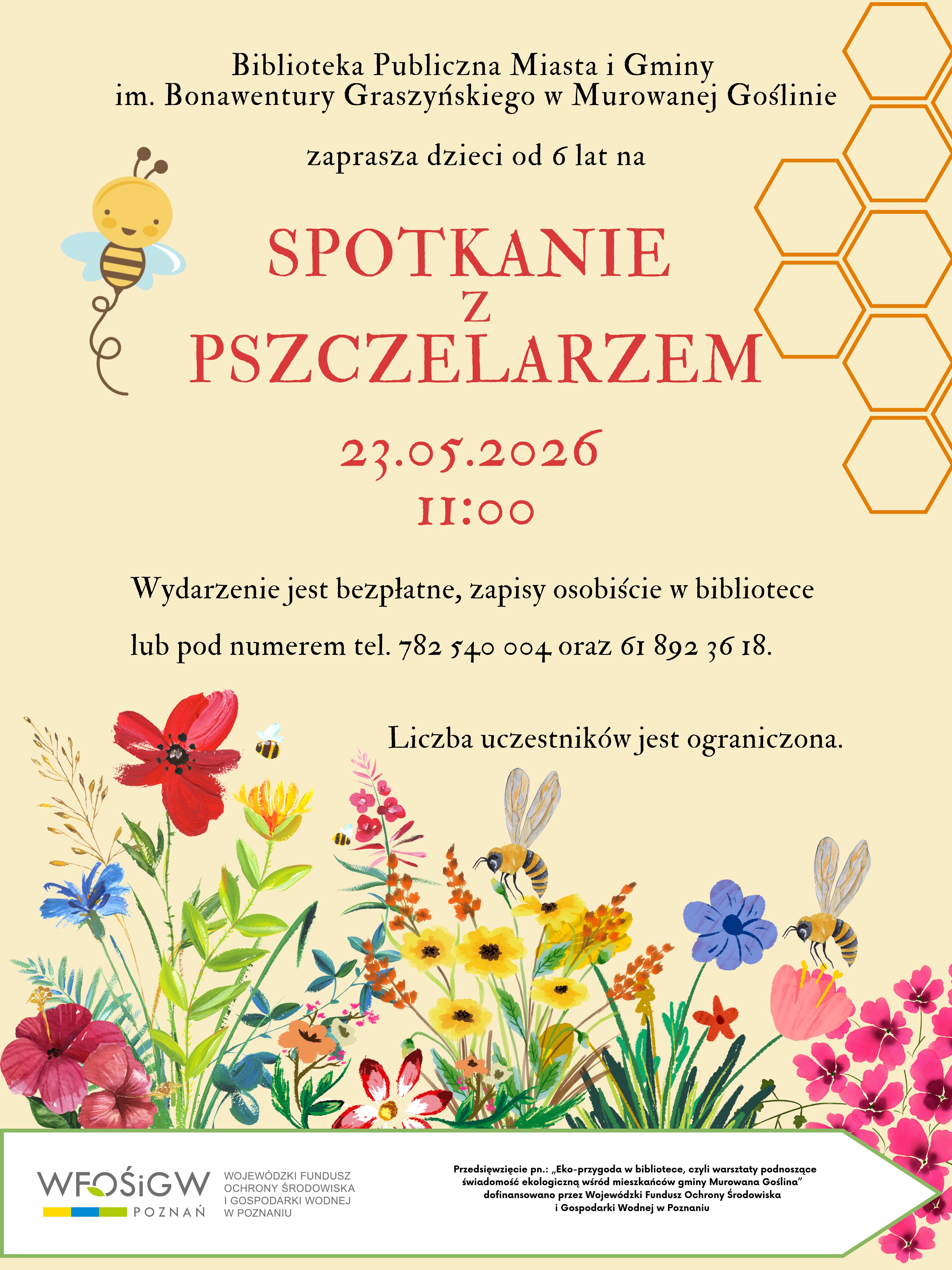 motyw kwiatów i pszczół oraz plastru miodu na plakacie