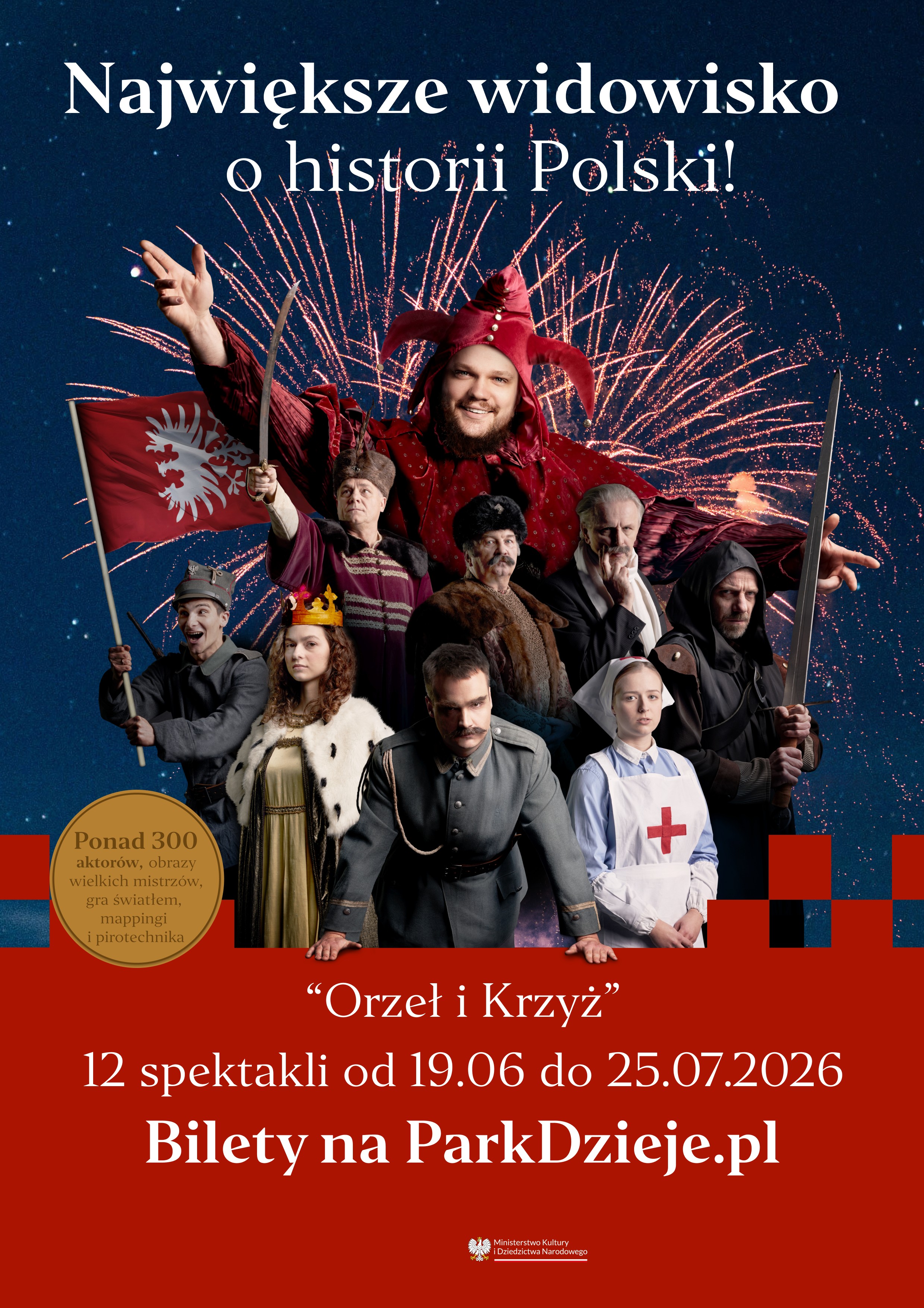 na zdjęciu 9 postaci z widowiska na tle fajerwerków