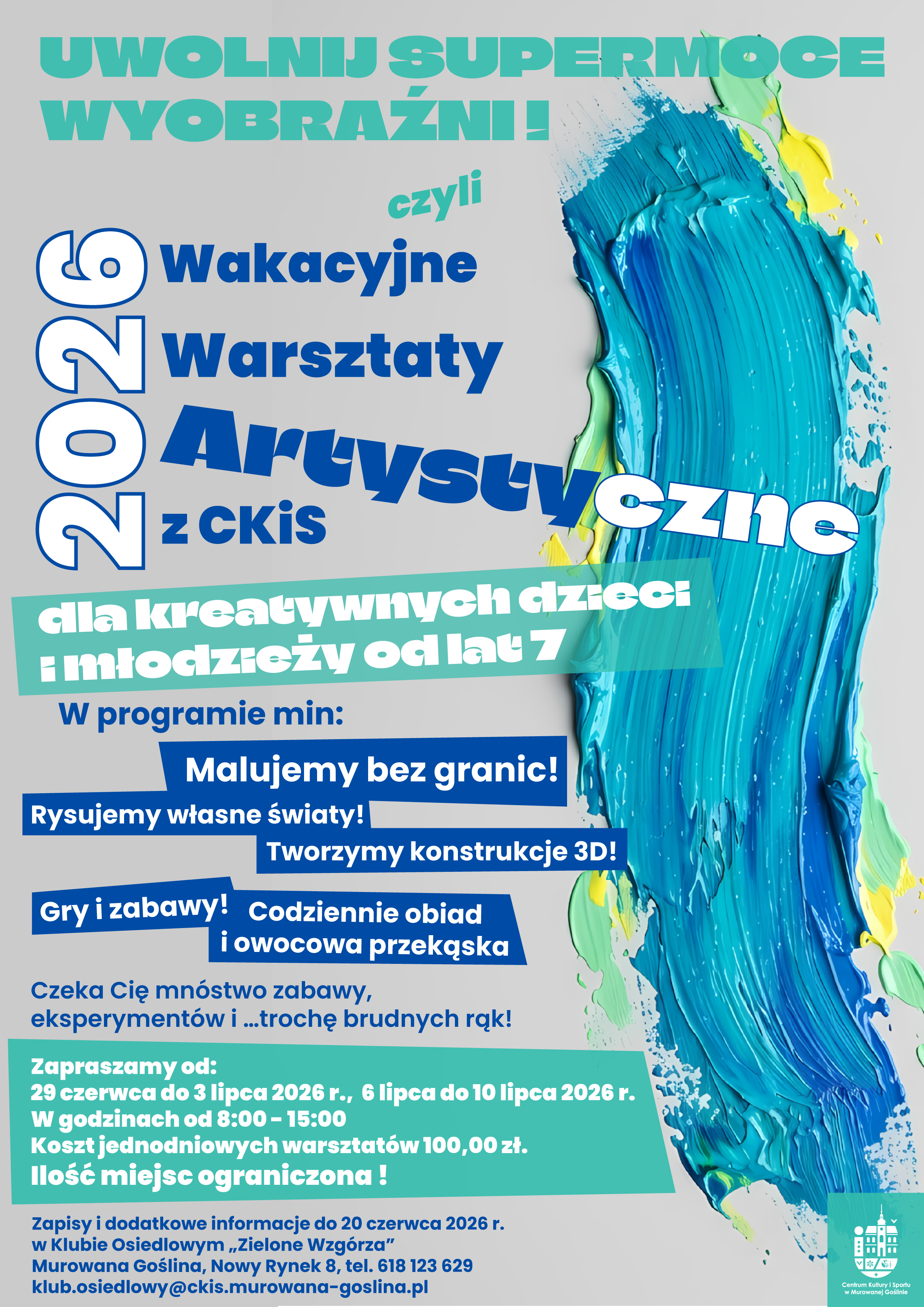 na plakacie tekst oraz grafika niebieskiej rozmazanej farby