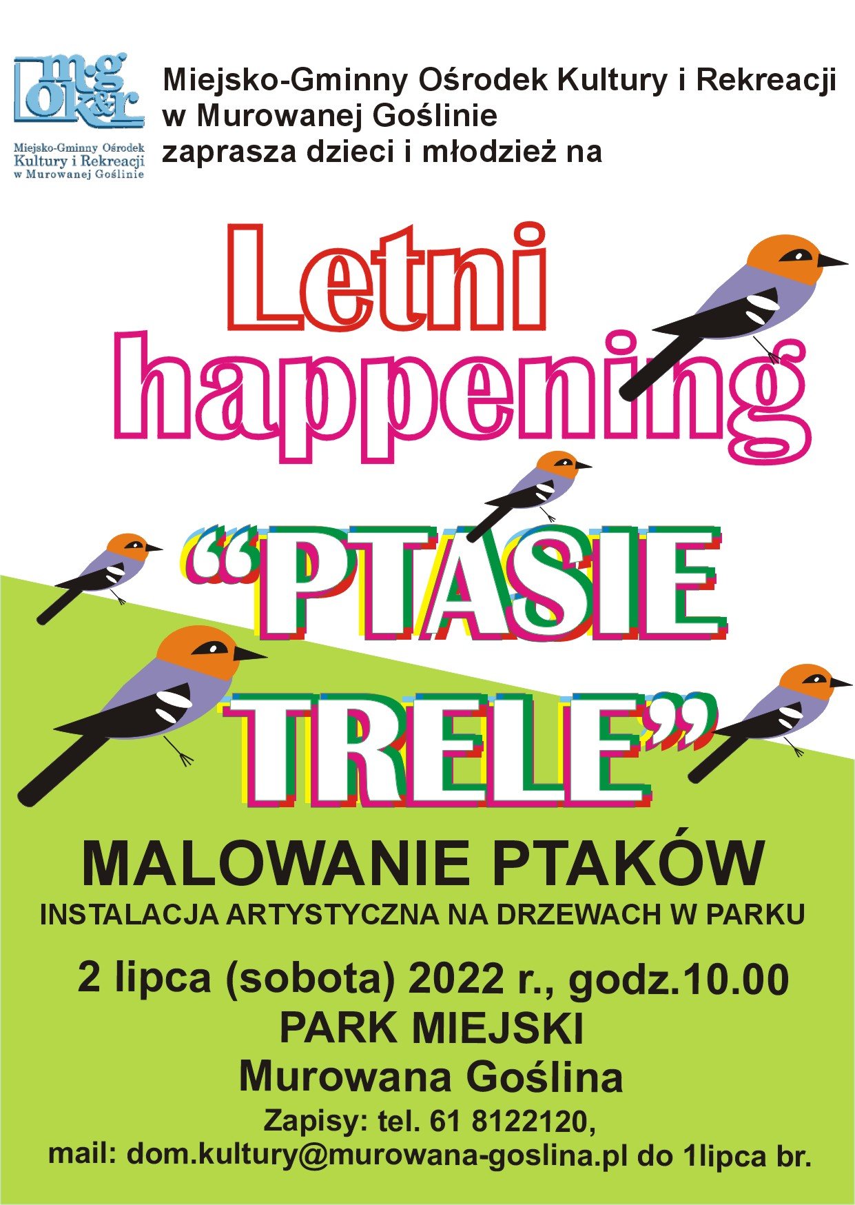 Letni happening "Ptasie trele", Park Miejski 2 lipca sobota, warsztaty artystyczne dla dzieci, obrazek przedstawiający ptaszka