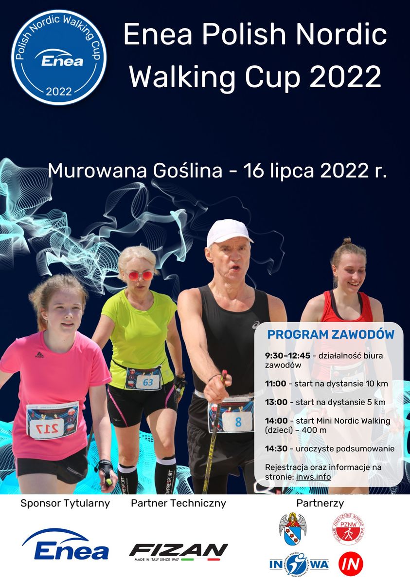 cztery osoby idące z kijkami, napis- Enea Polish Nordic Walking Cup 2022, biuro zawodów od 9.30