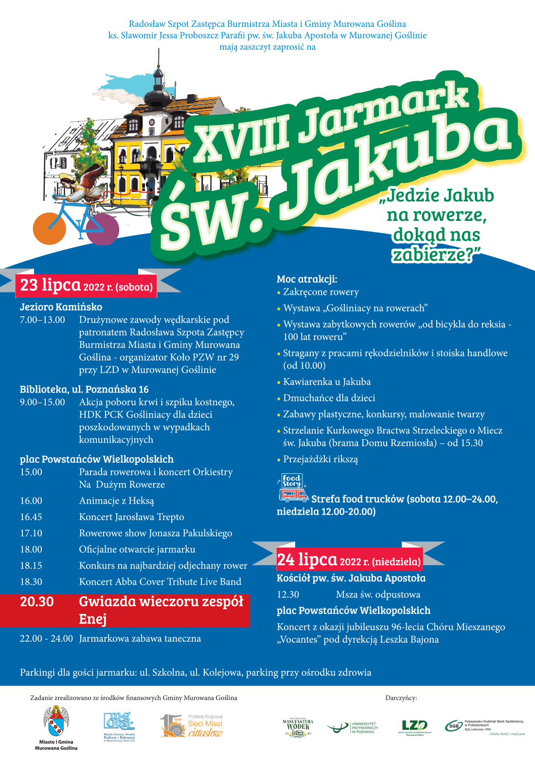 Jarmark św. Jakuba 23-24 lipca, start 15.00 pl. Powstańców Wlkp., strefa food trucków, koncert, parady