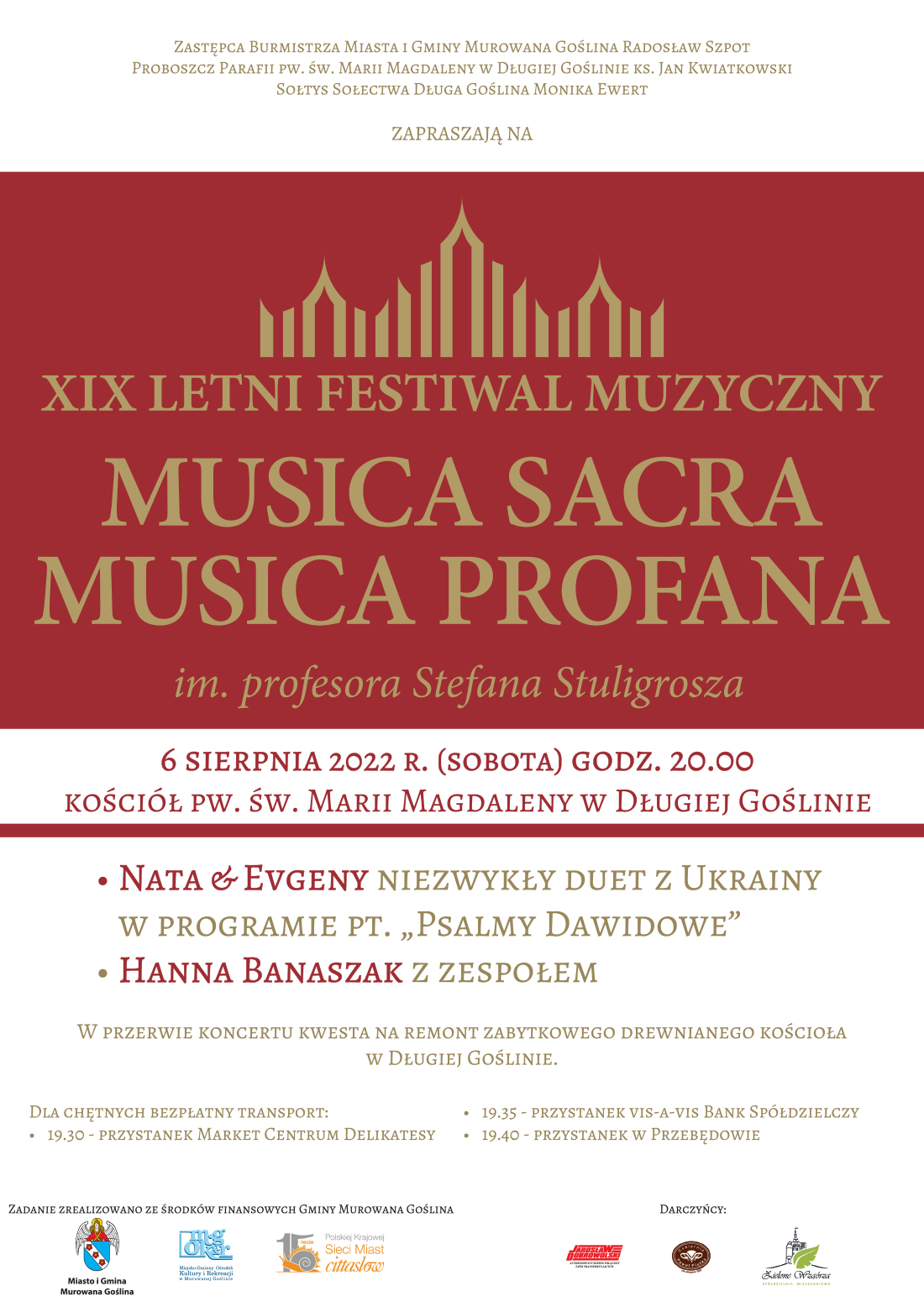 Koncert Musica Sacra Musica Profana w Długiej Goślinie 6 sieprnia godz.20.00, Psalmy Dawidowe w wykonaniu duetu z Ukrainy oraz koncert Hanny Banaszak z zespołem