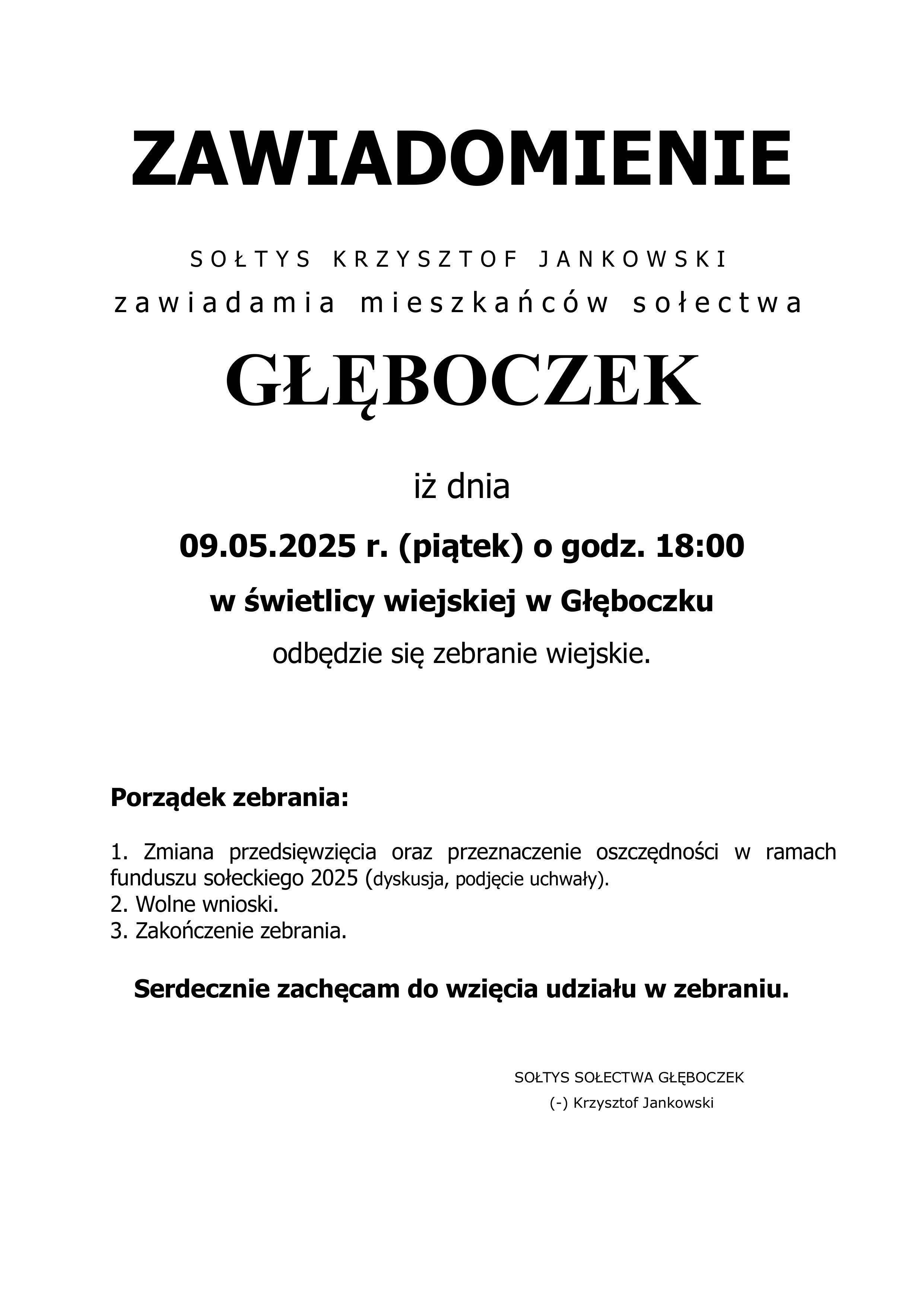 [obraz] Zawiadomienie dla mieszkańców sołectwa Głęboczek
