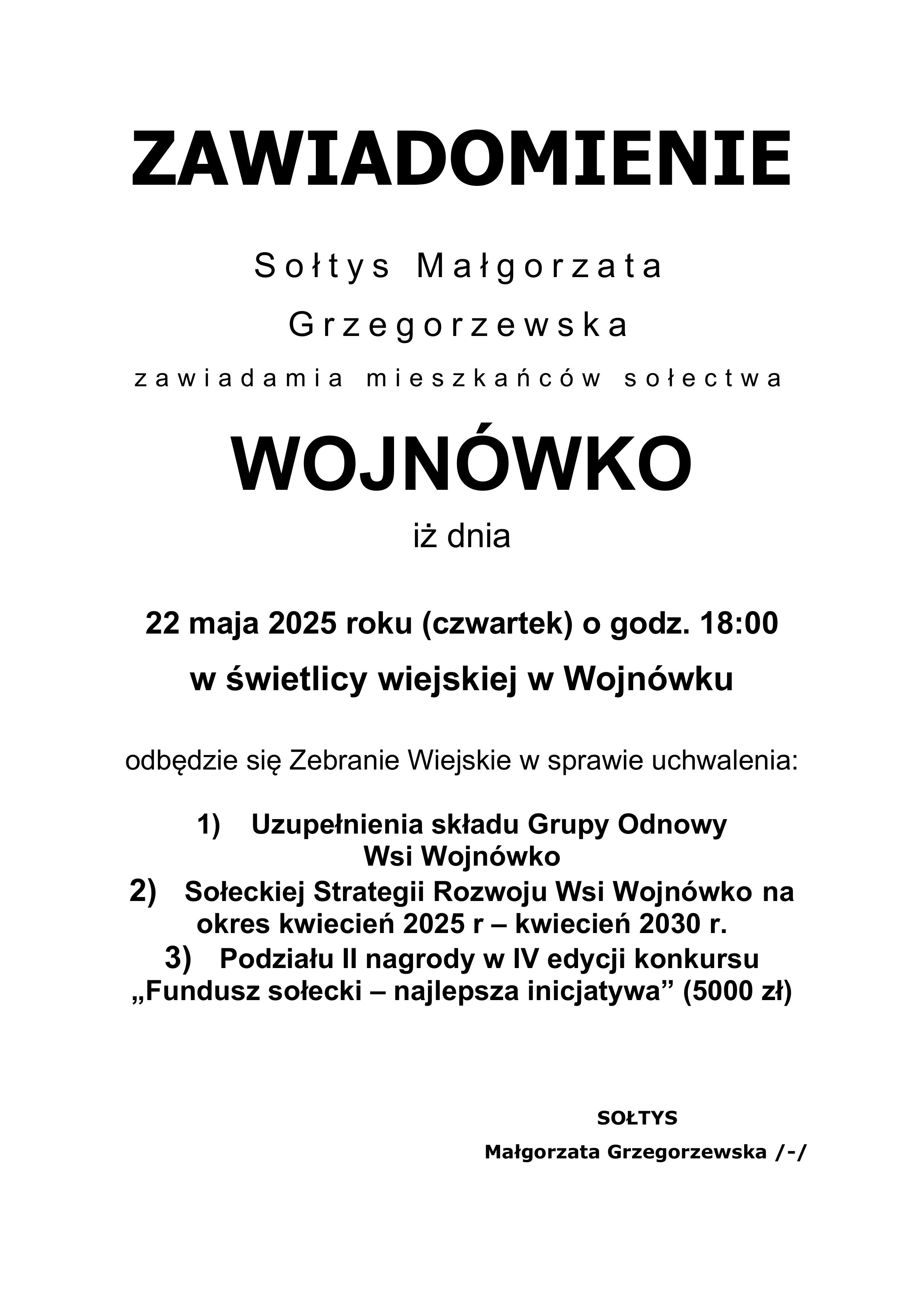 [obraz] Zawiadomienie dla mieszkańców sołectwa Wojnówko