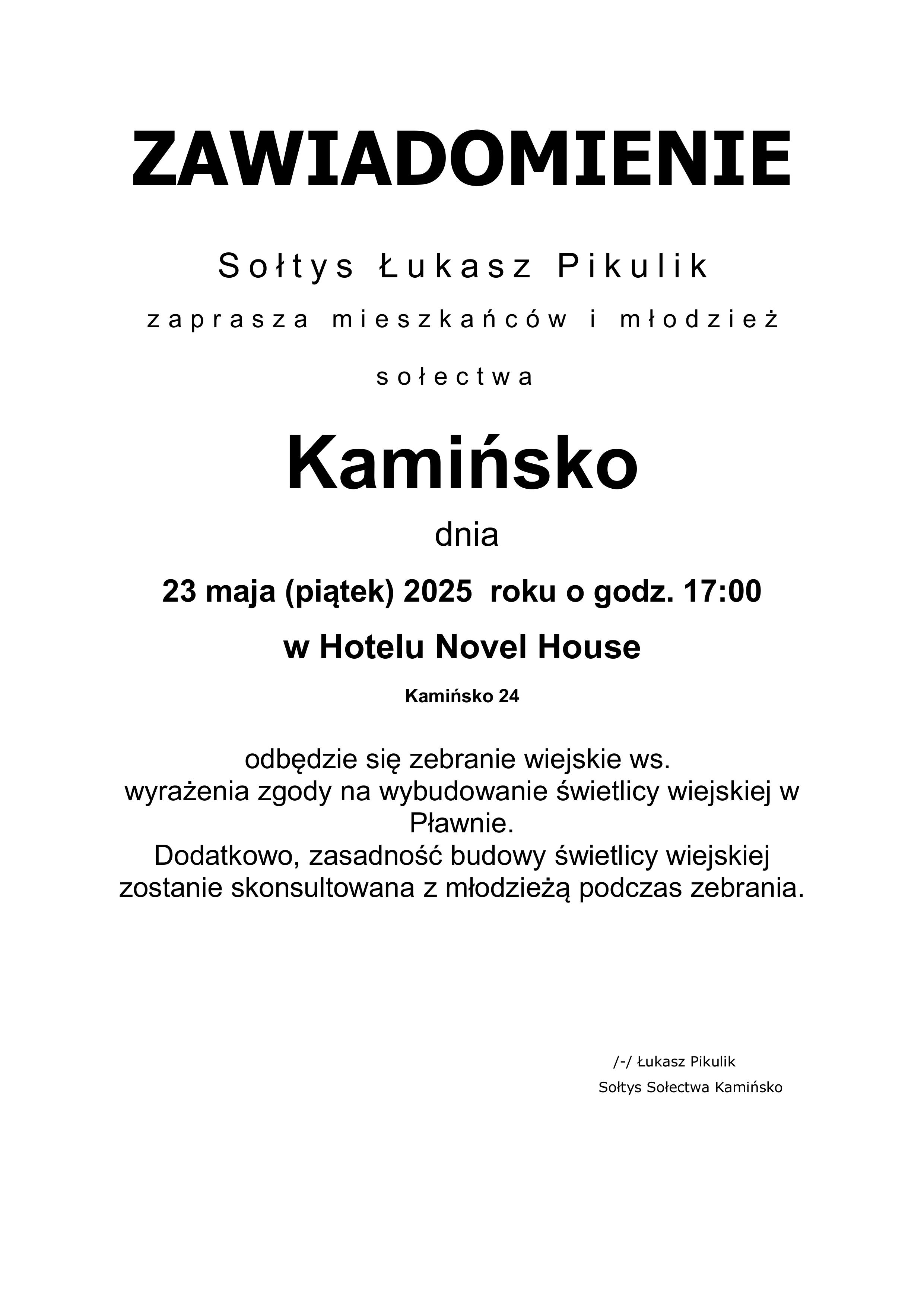 [obraz] Zawiadomienie dla mieszkańców sołectwa Kamińsko