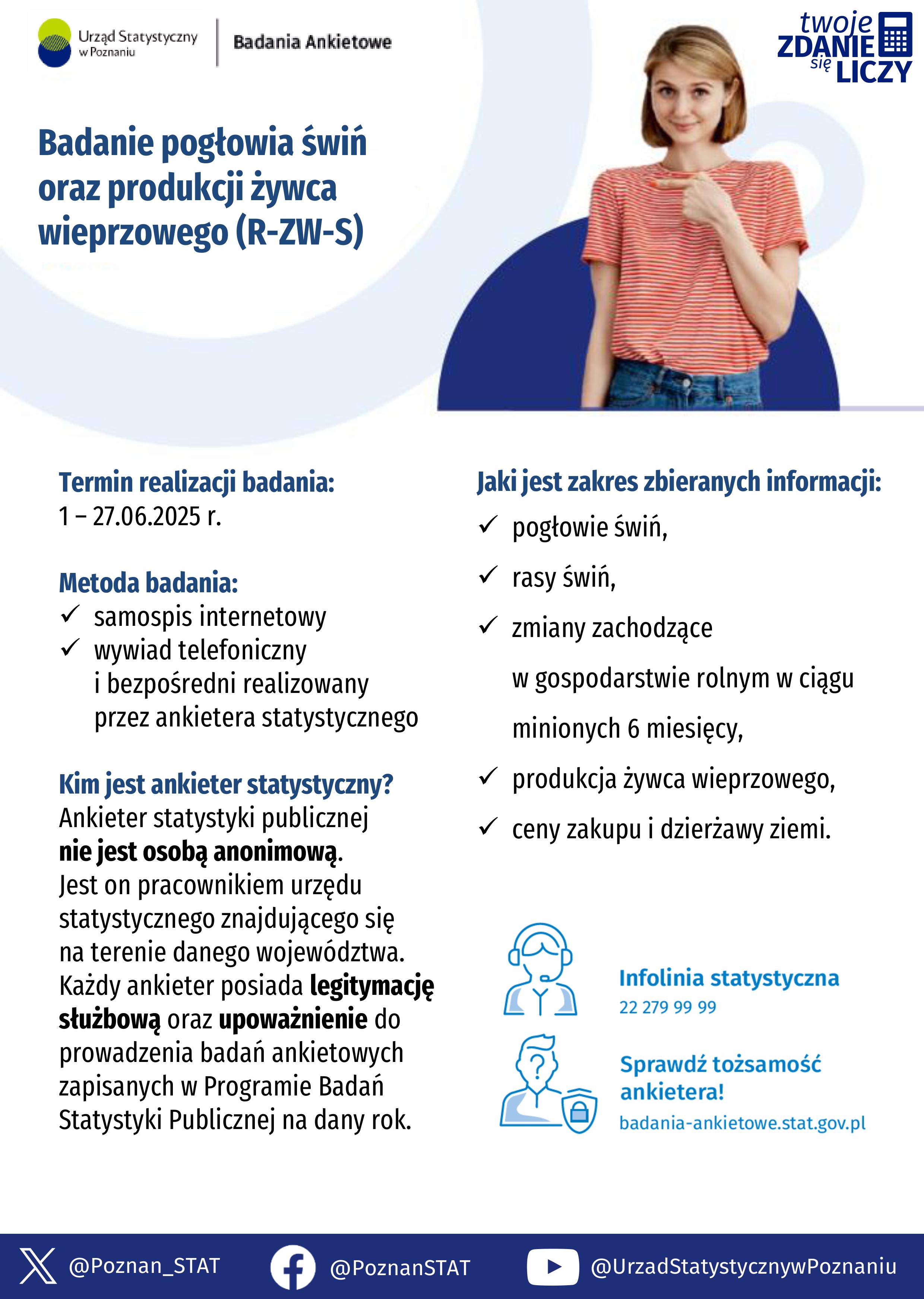 [obraz] Kobieta wskazuje palcem napis: Badanie pogłowia świń oraz produkcji żywca wieprzowego (R-ZW-S)