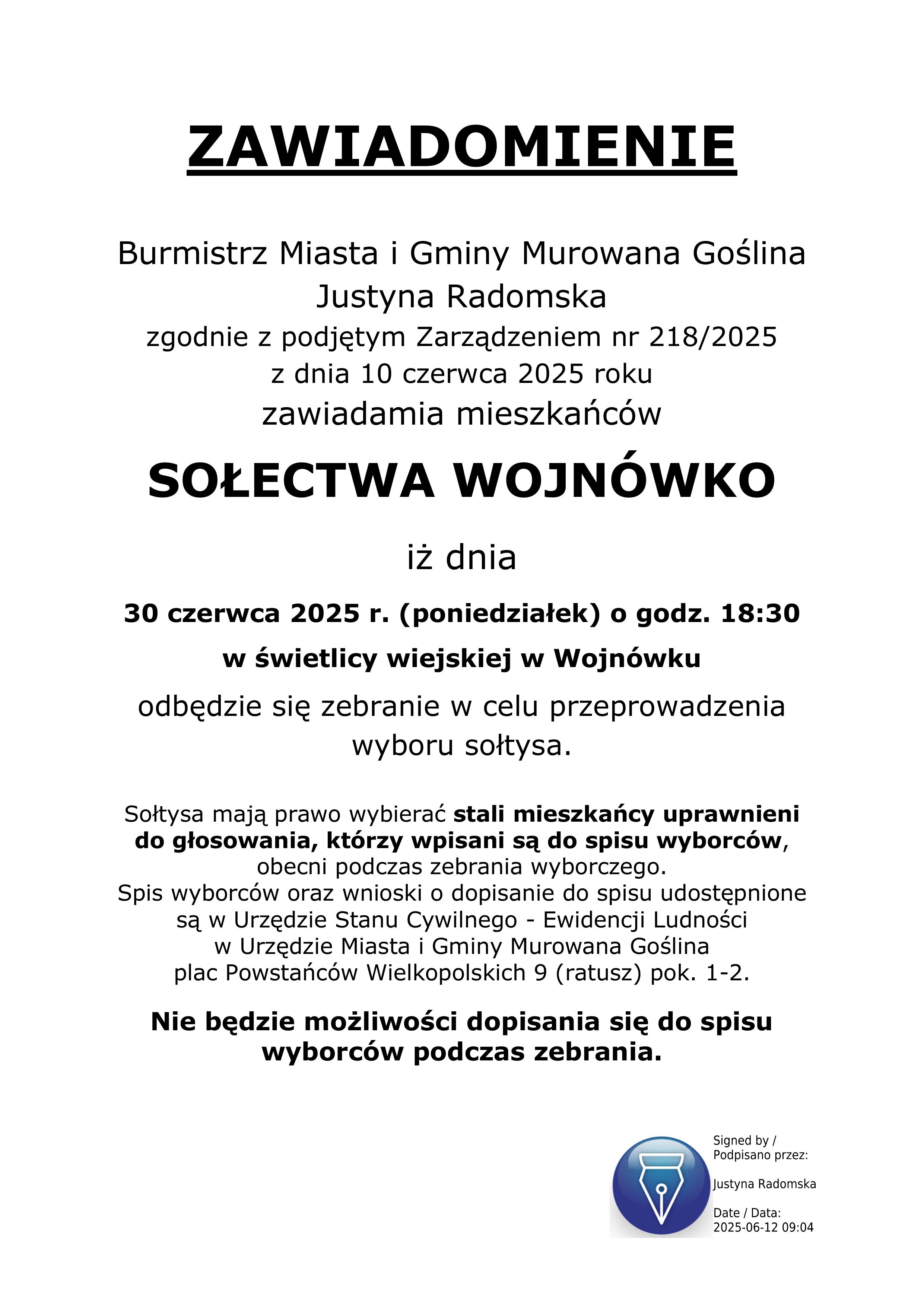 [obraz] Zawiadomienie dla mieszkańców sołectwa Wojnówko