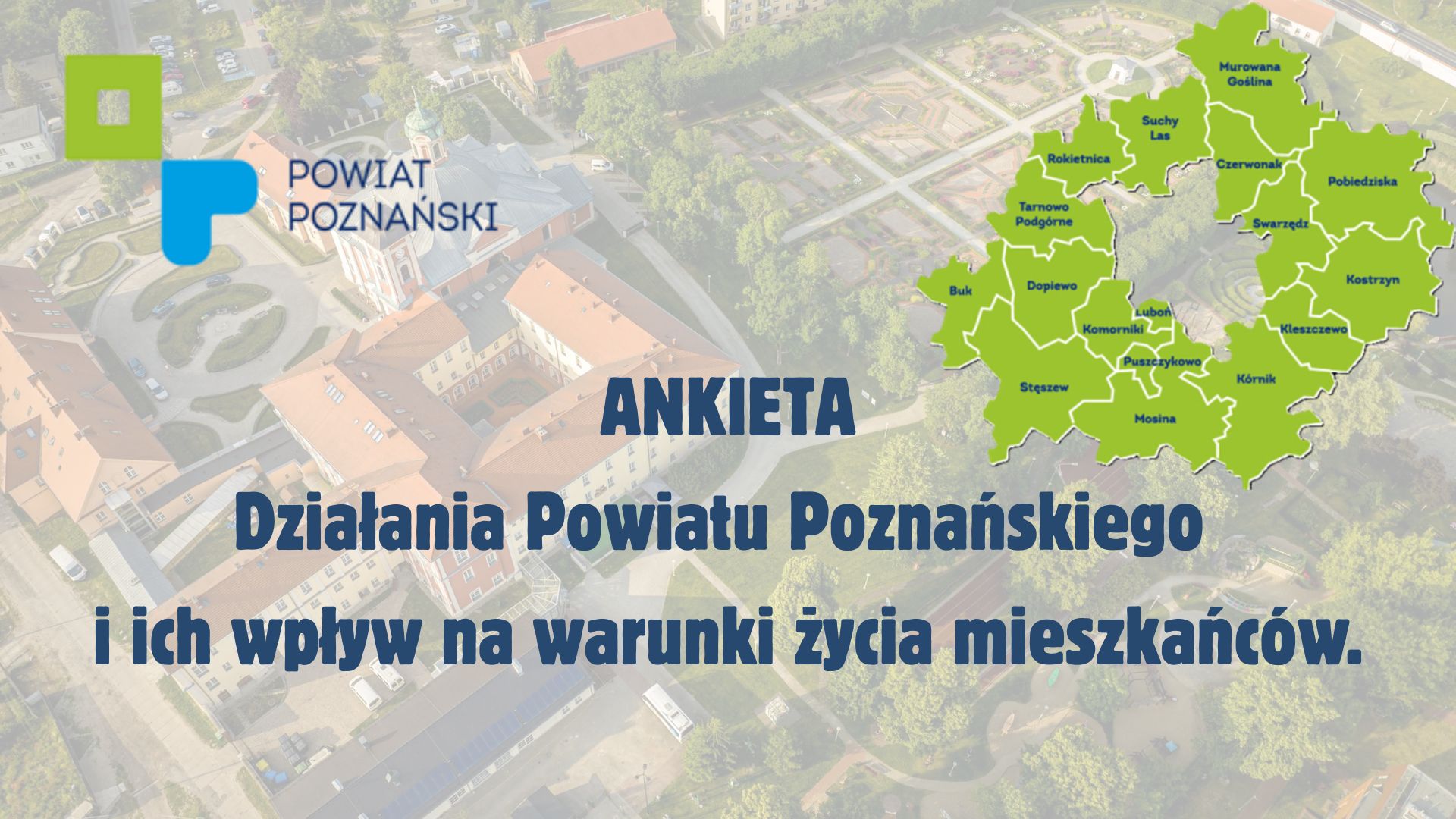 [obraz] grafika gmin powiatu poznańskiego i rzut z góry na miejscowość z zabudowaniami i ulicami