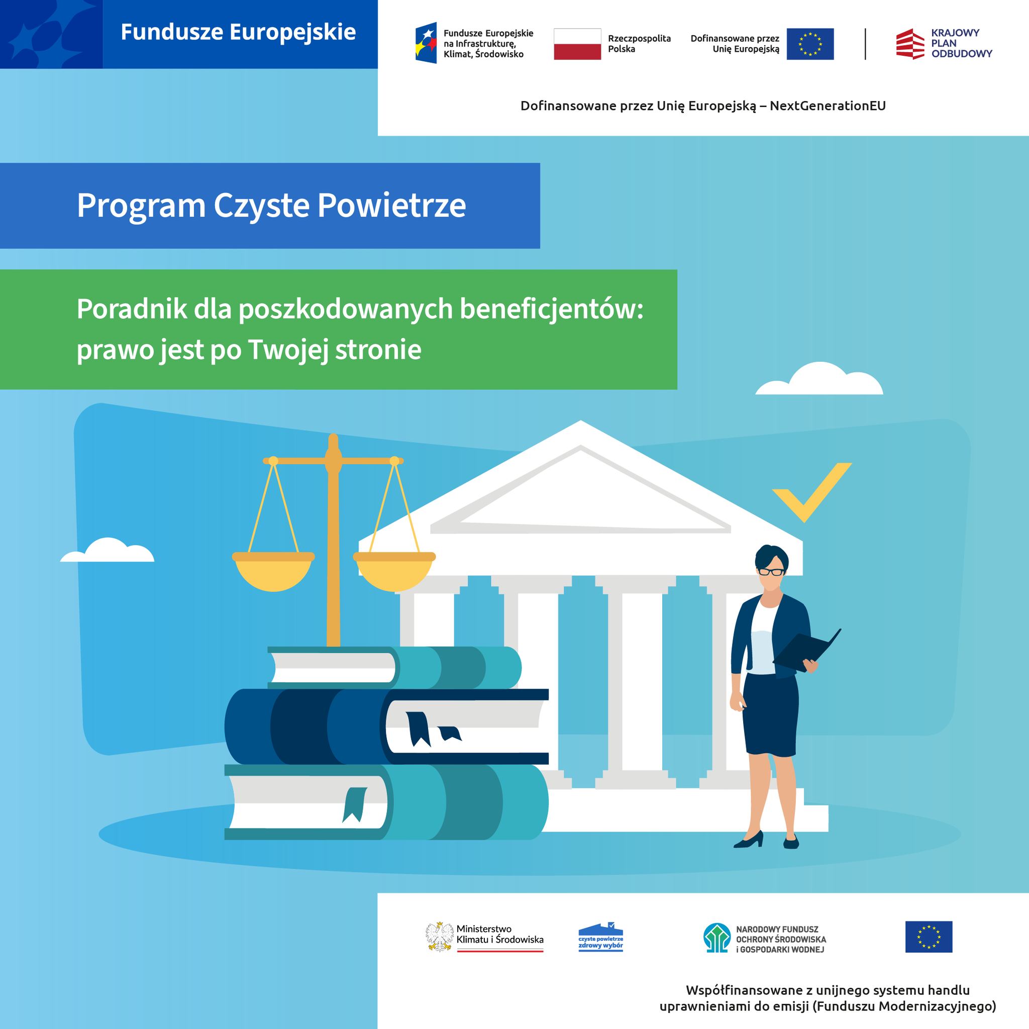 [obraz] grafika budynku z kolumnami, przed którym stoi kobieta, leży stos książek, a na nim waga