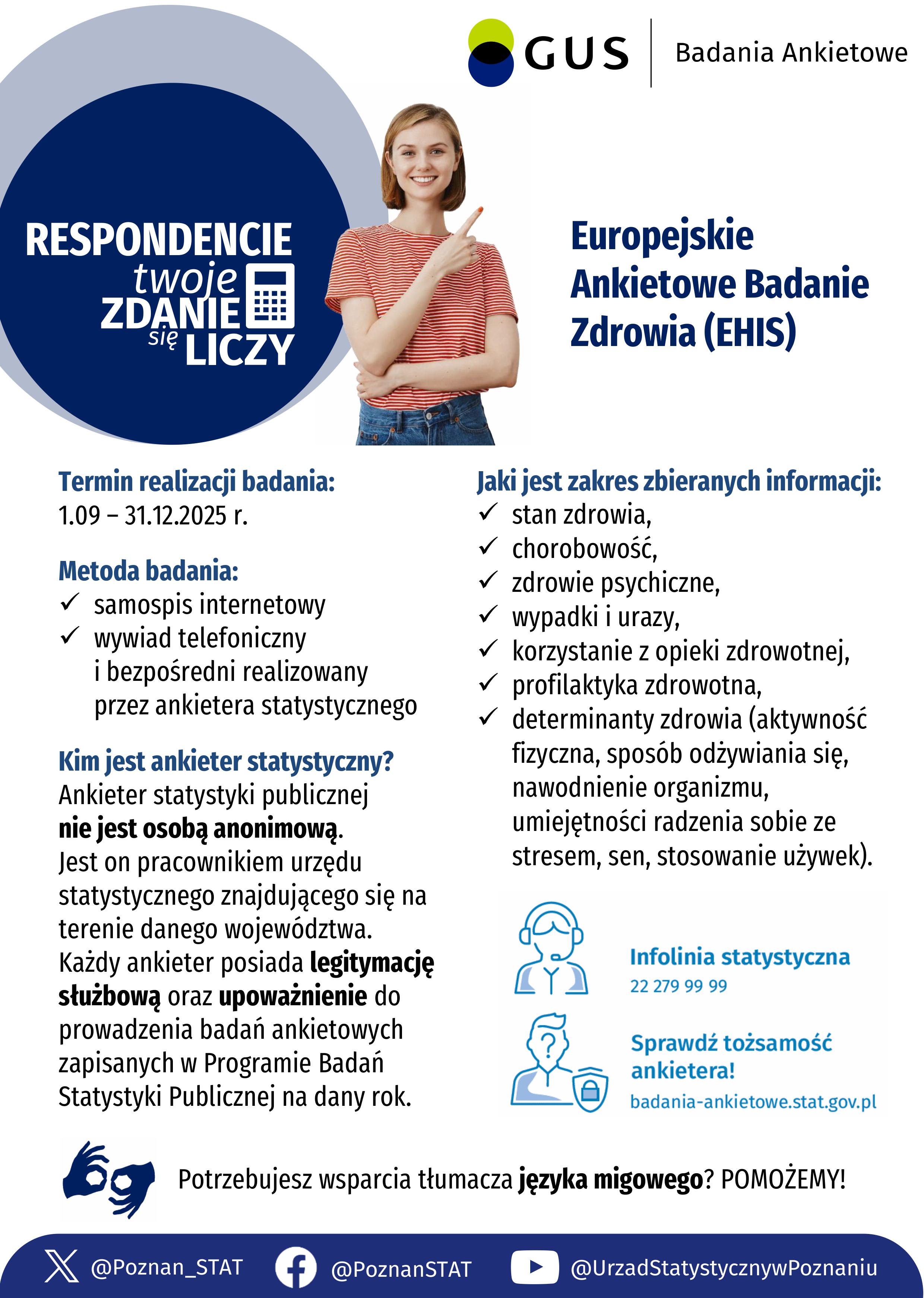 [obraz] kobieta wskazuje palcem na napis: Europejskie Ankietowe Badanie Zdrowia (EHIS).