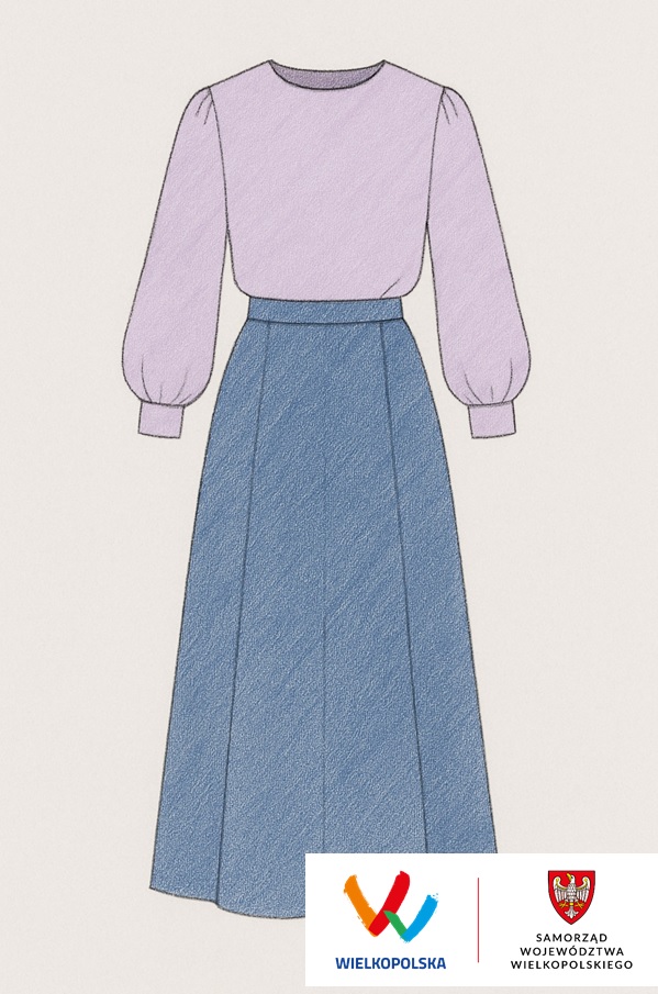 [obraz] projekt stroju: biała bluzka i długa błękitna spódnica wraz z logotypami u dołu zdjęcia