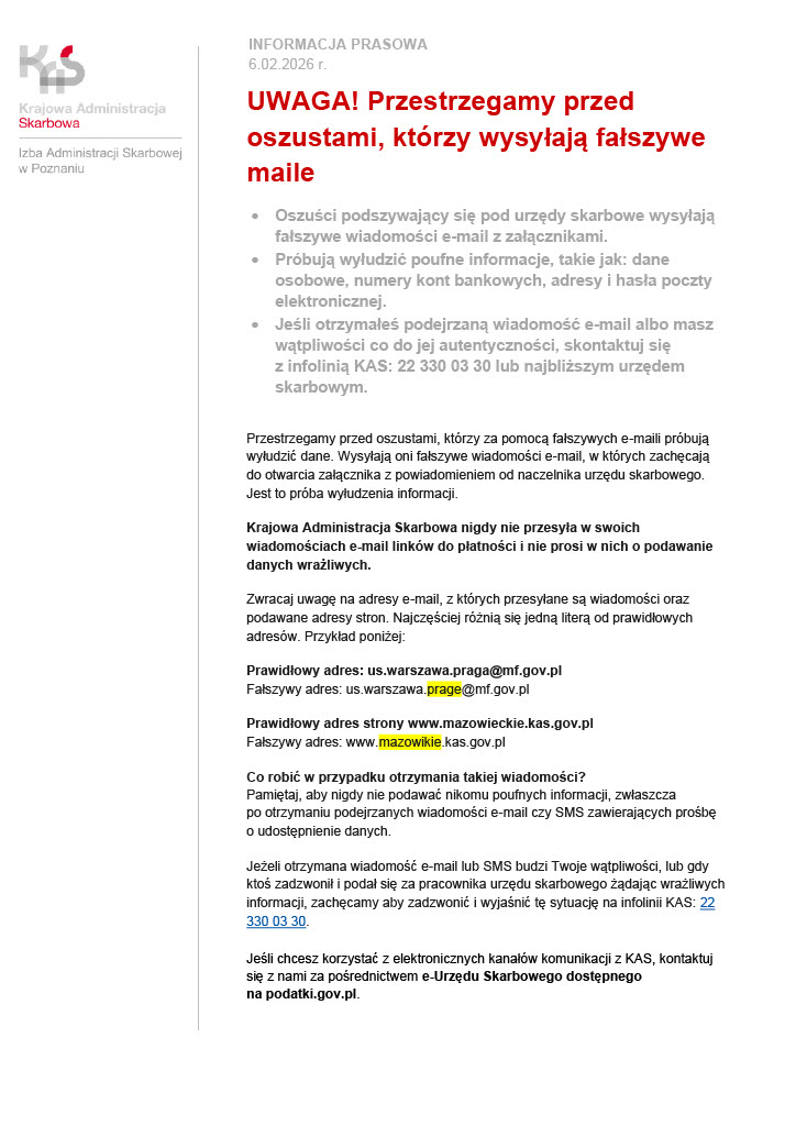 [obraz] Urząd Skarbowy ostrzega przed fałszywymi mailami