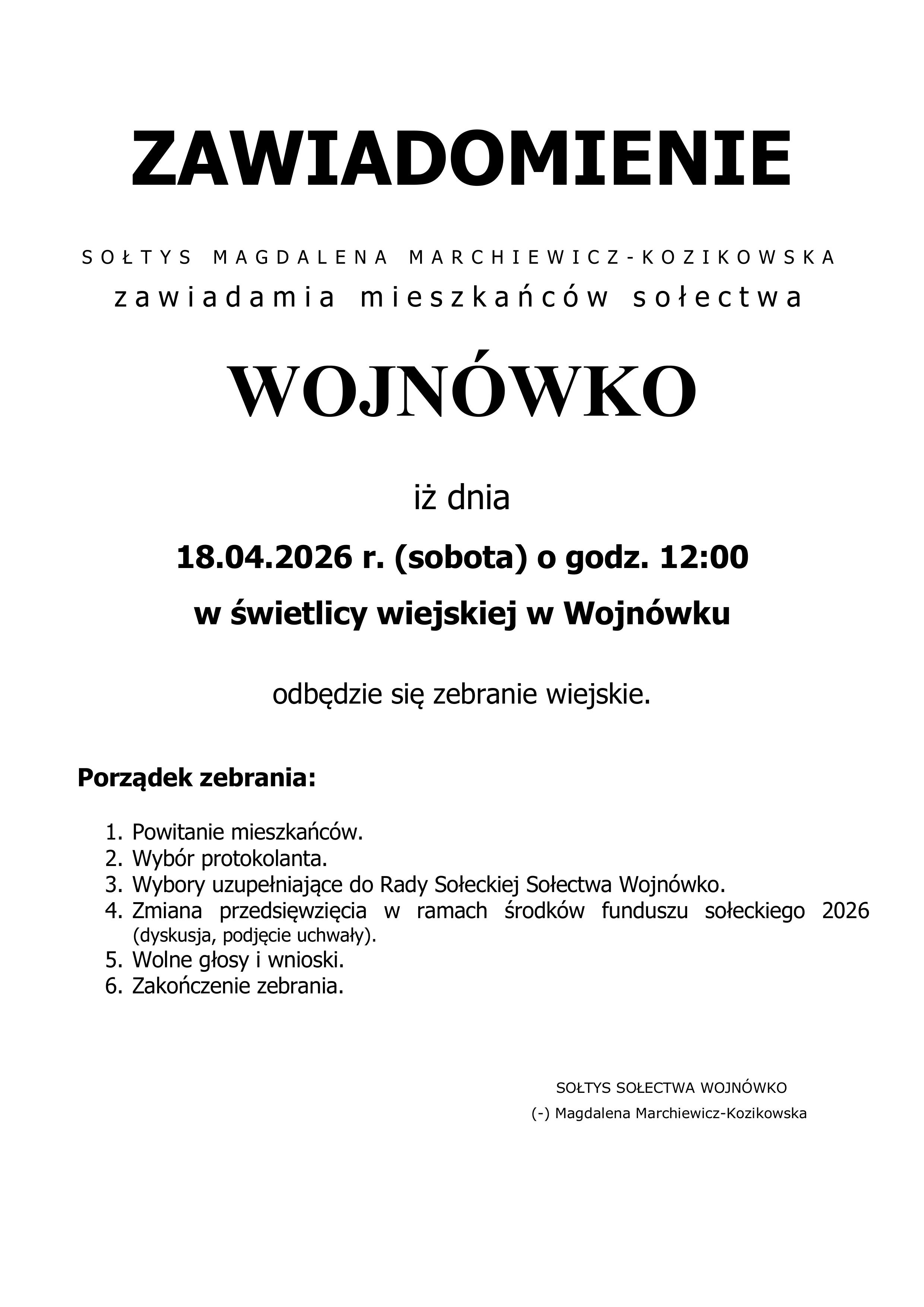[obraz] Tekst Zawiadomienie o zebraniu wiejskim - sołectwo Wojnówko
