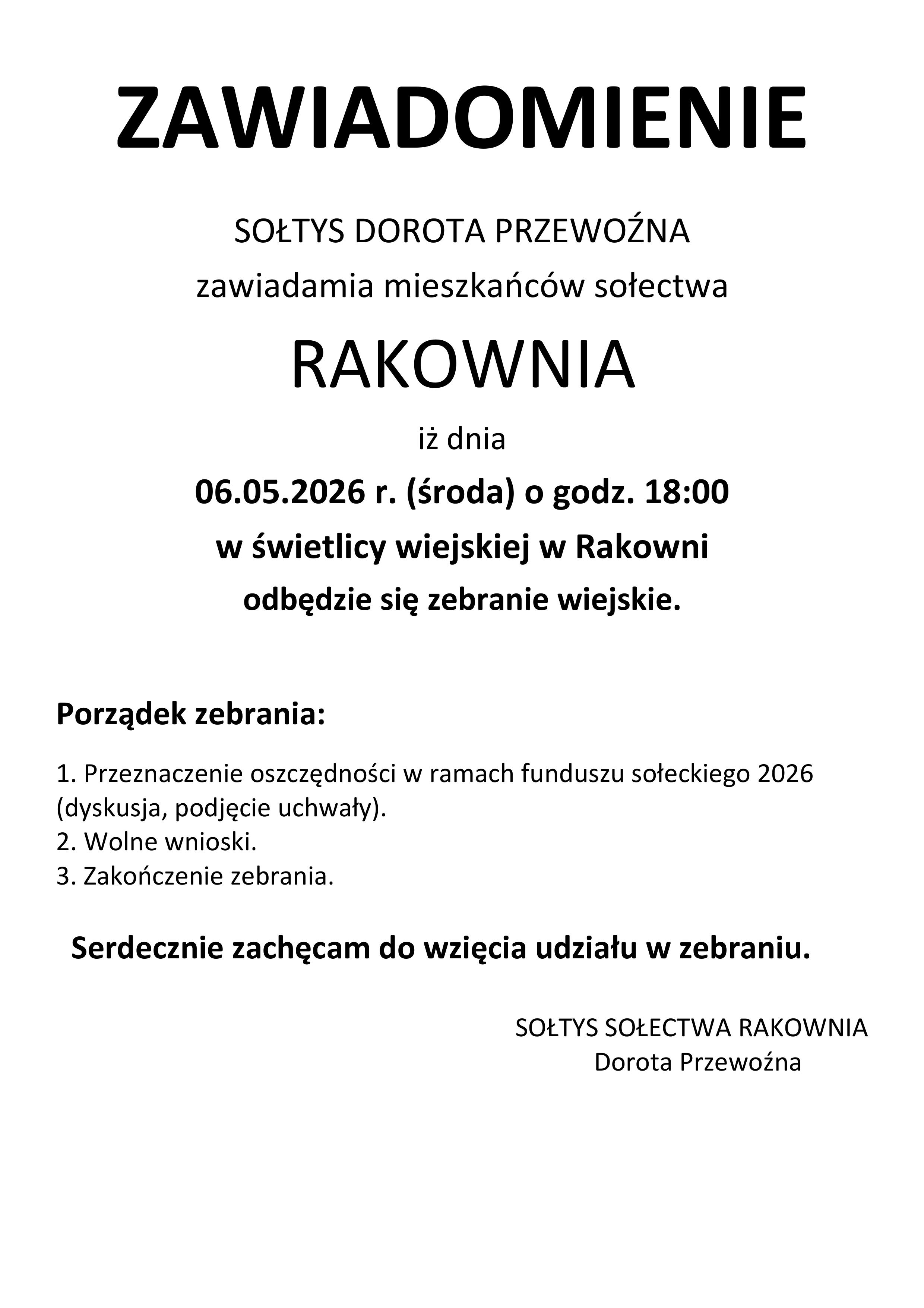 [obraz] Tekst Zawiadomienie o zebraniu sołeckim - Rakownia