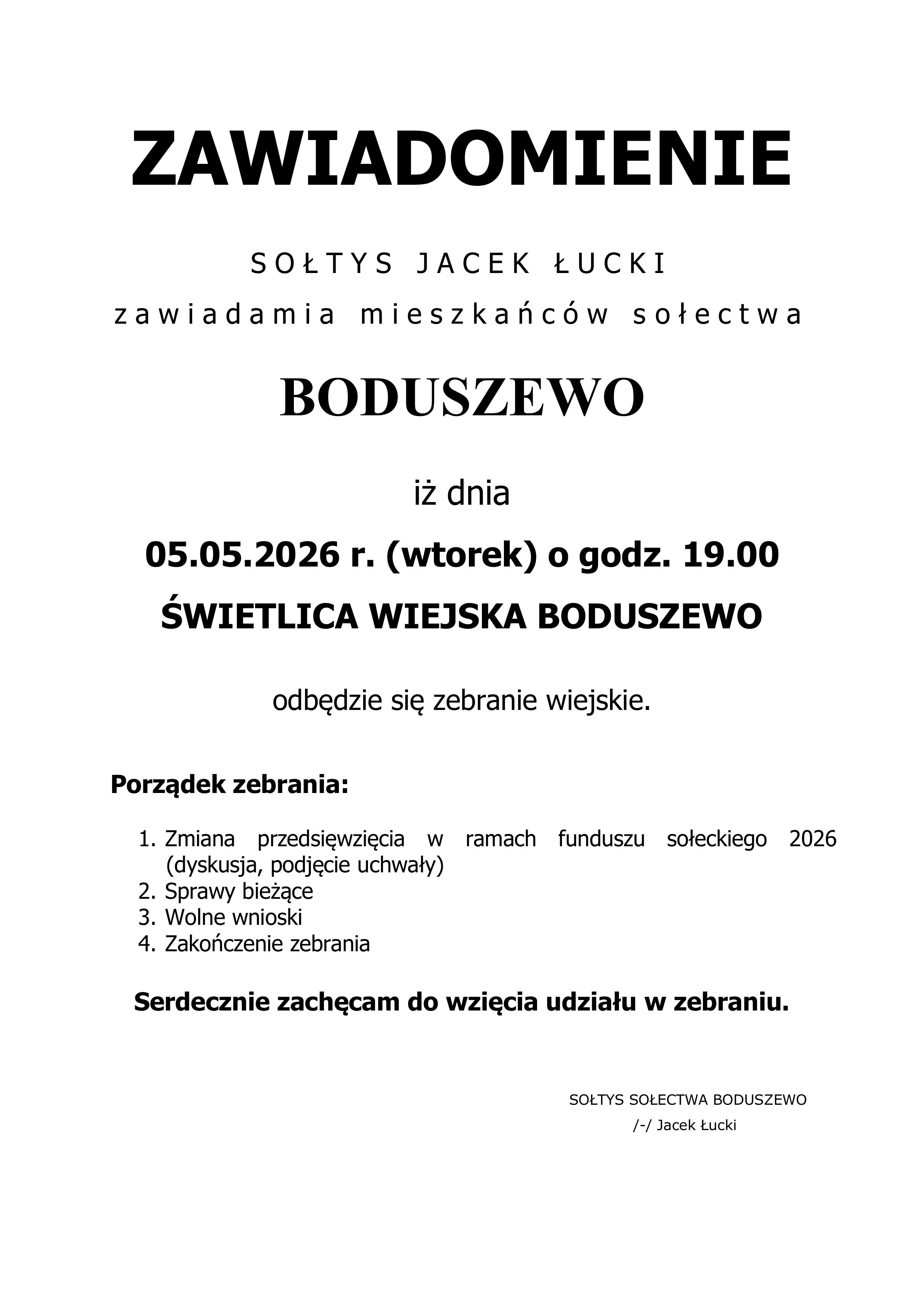 [obraz] Tekst - Zawiadomienie o zebraniu sołeckim - Boduszewo